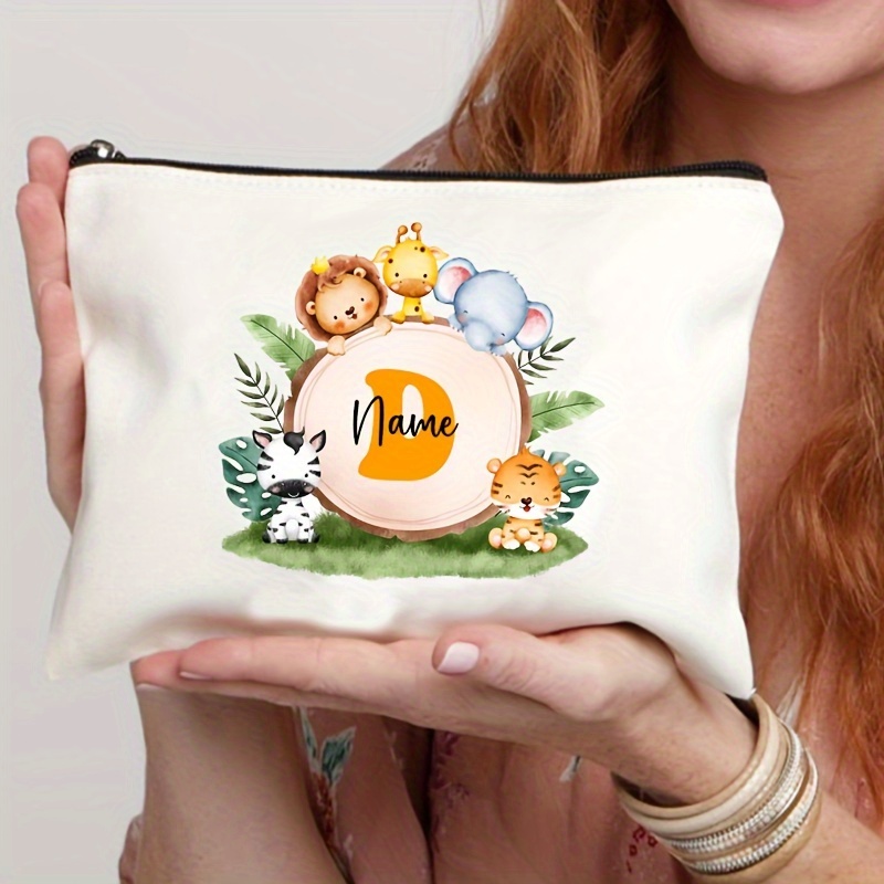 TEMU 1pc Personalized Initial Cosmetic Bag - Lion & Giraffe Animal Print With Floral Wreath Design, Custom Name Zippered Storage Pouch For Makeup,