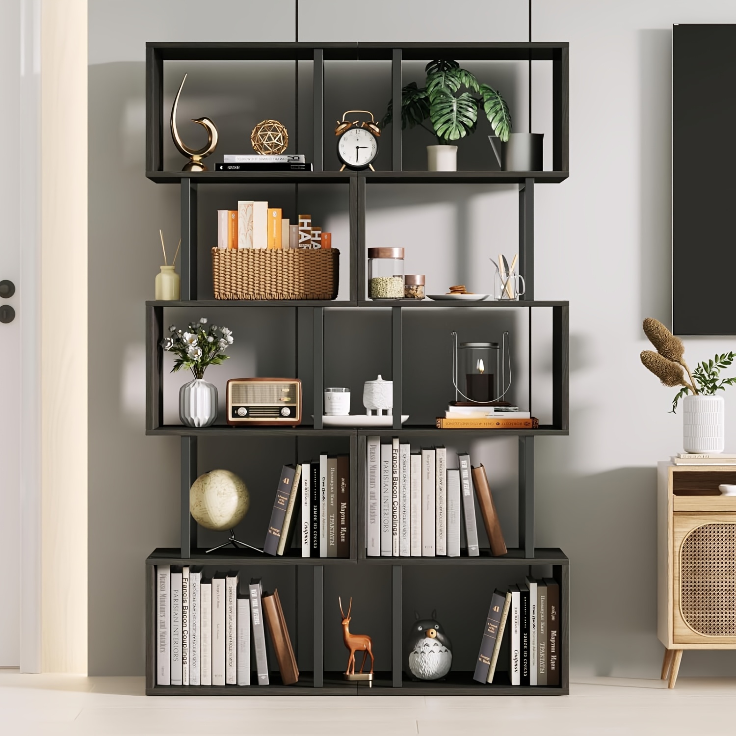 6-Tier Tall Bookshelf, Lofty Geometric Book Cabinet, S-Shaped Industrial-Style Display Freestanding Bookshelf, Metal And Wood Decorative Storage Partition Rack, Suitable for Bedroom, Living Room, Office, Black/White