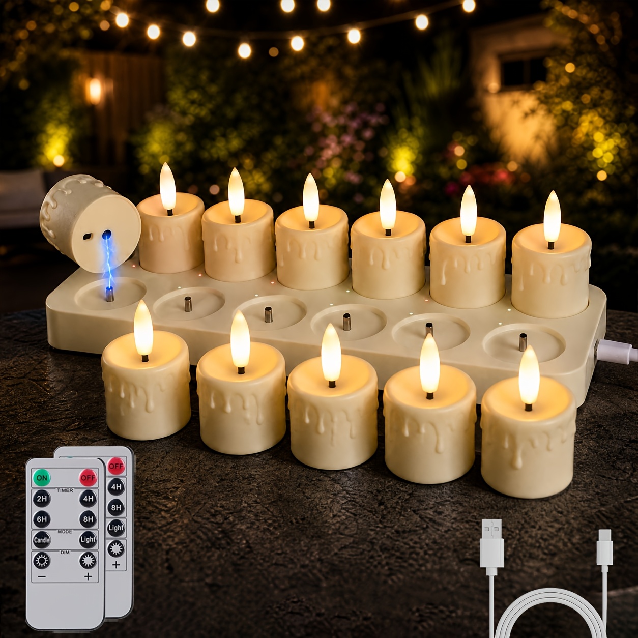 TEMU Rechargeable Tea Lights Candles With Remote & Timer Usb Rechargeable Led Candles With Charging Base Flameless Flickering Battery Tea Lights For