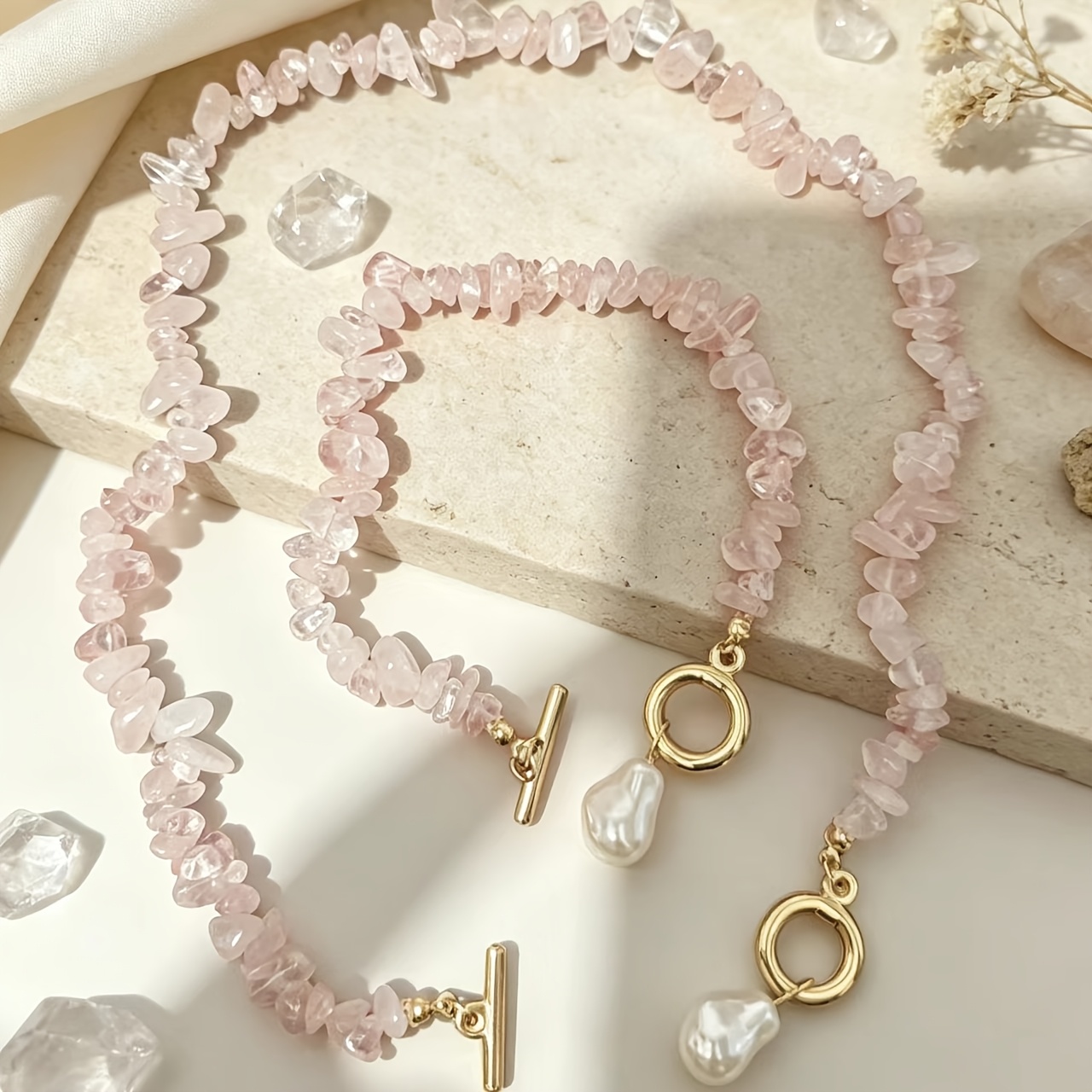 TEMU 2pcs Set Of Crushed Stone Necklace And Bracelet, Gentle Ot Clasp With Pendant, Niche Clavicle Chain Accessory, Available In Multiple Colors