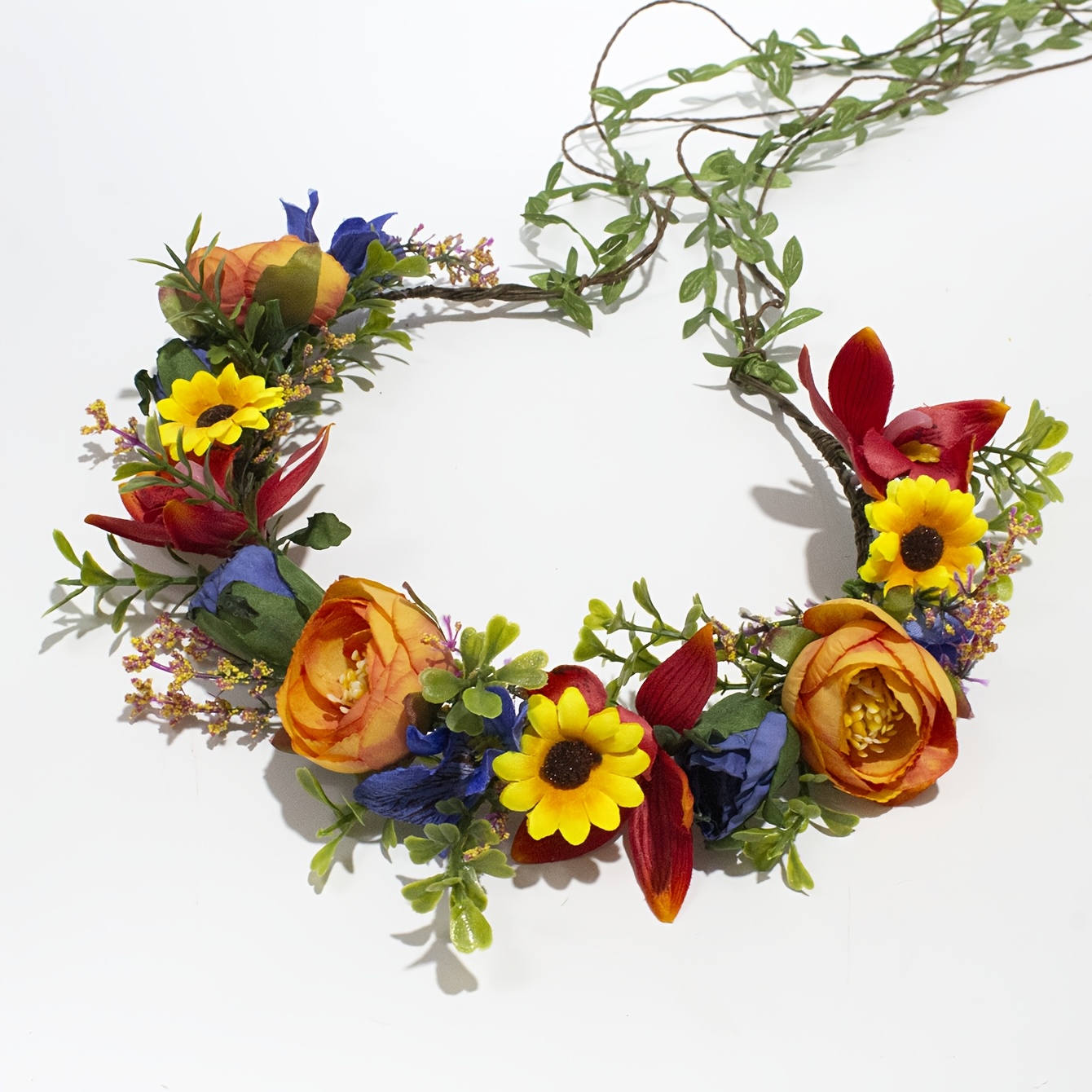 E-shop 1 Bohemian-Stil Kunstblumen-Haarreif in Multicolor-, mit künstlichen Rosen, Sonnenblumen, Phalaenopsis-Orchideen grünen Blättern. für