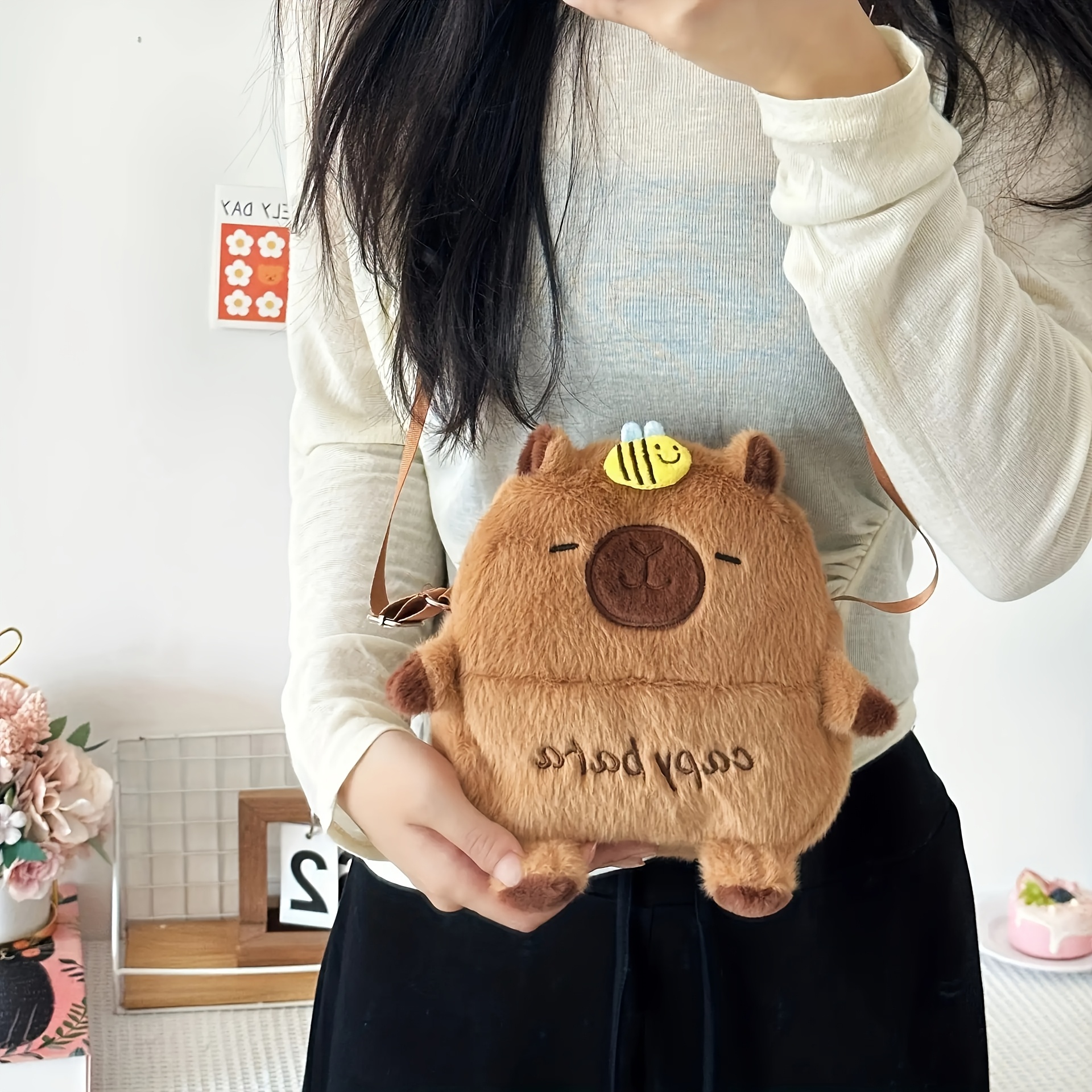 TEMU 【可愛い】カピバラのぬいぐるみ ショルダーバッグ - ブラウン＆ベージュ プリント バックパック レディース、丈夫、開閉、軽量で多用途、仕事やカジュアルなお出かけに、キュートなバックパック、仕事用アクセサリー、遊び心のあるデザイン、ソフトな質感