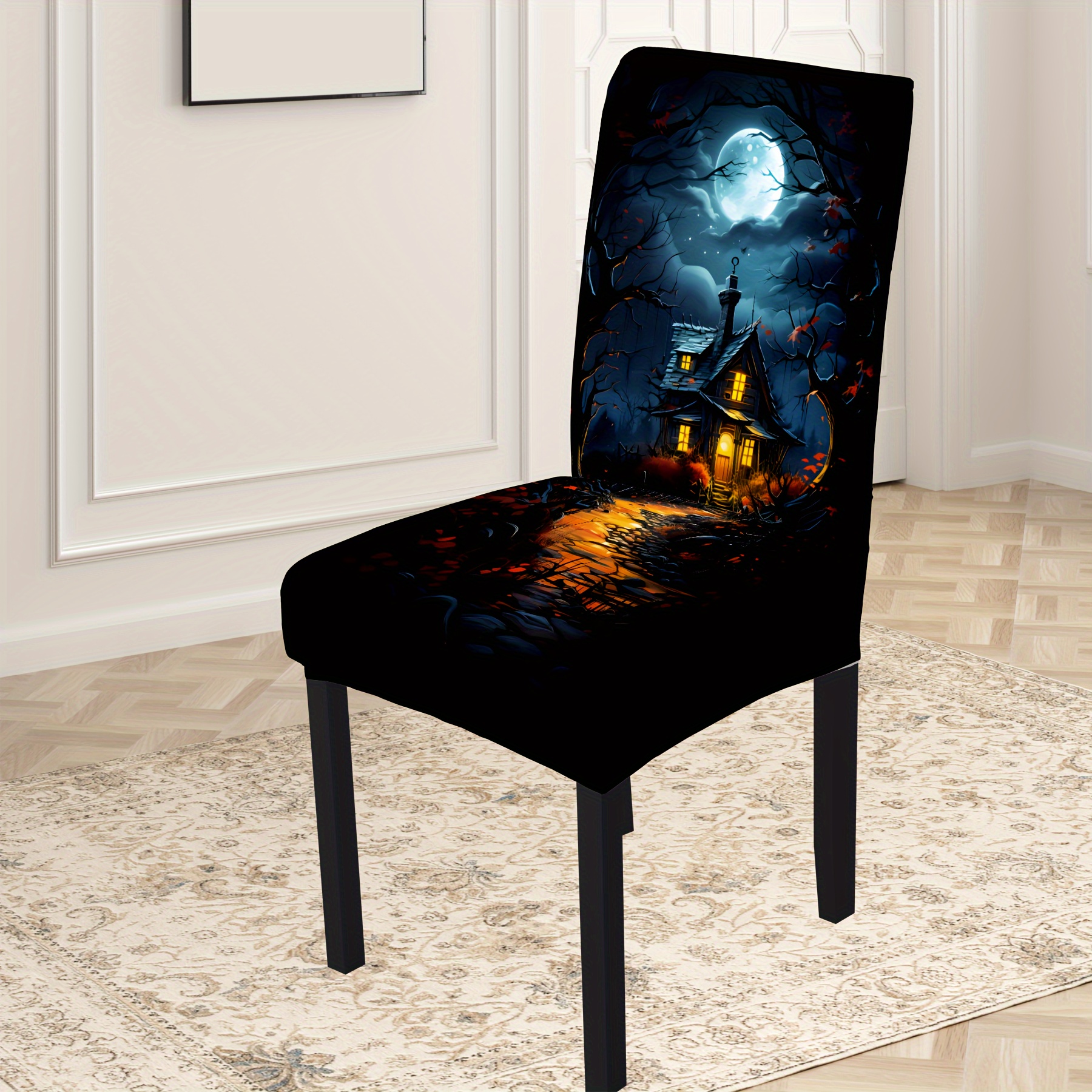 

4/6pcs Halloween Moonlit House Print Stretch Dining Chair Covers, Decorative Art Style, High Elasticity, Washable Dust-proof Chair Slipcovers For Halloween Decor