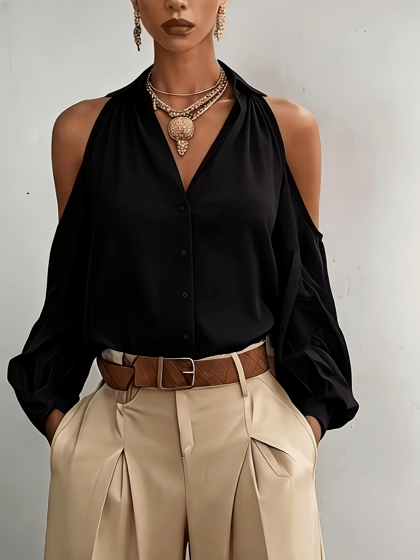 womens elegant   off shoulder solid color blouse for commuting dating and daily versatile wear with lapel collar and buttons solid color long sleeve shirt asd1
