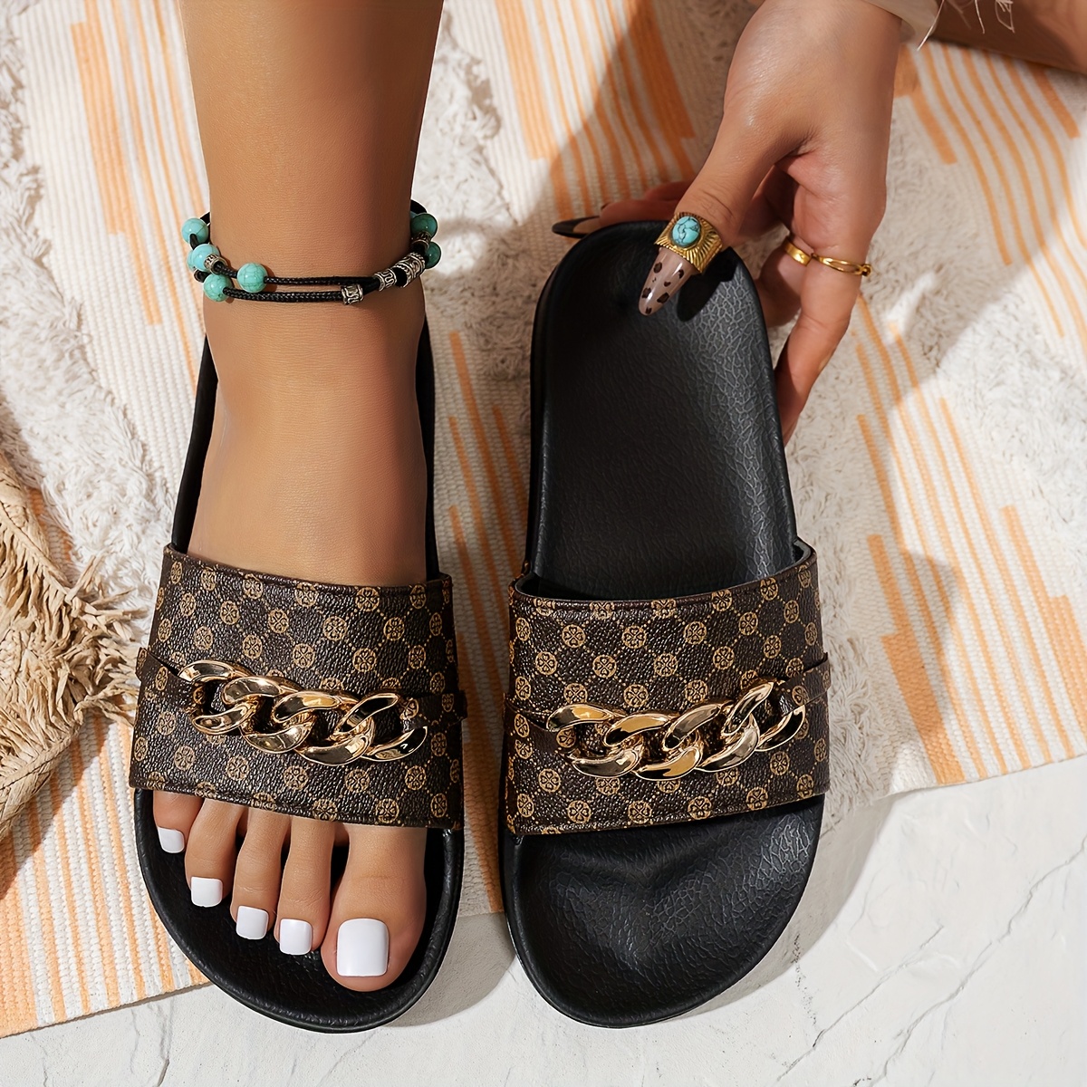 Women's Summer Fashion Flip-flops, Chain Decor, Premium Fashion, Lightweight Easy Breathable Thong Sandals, Women Shoes