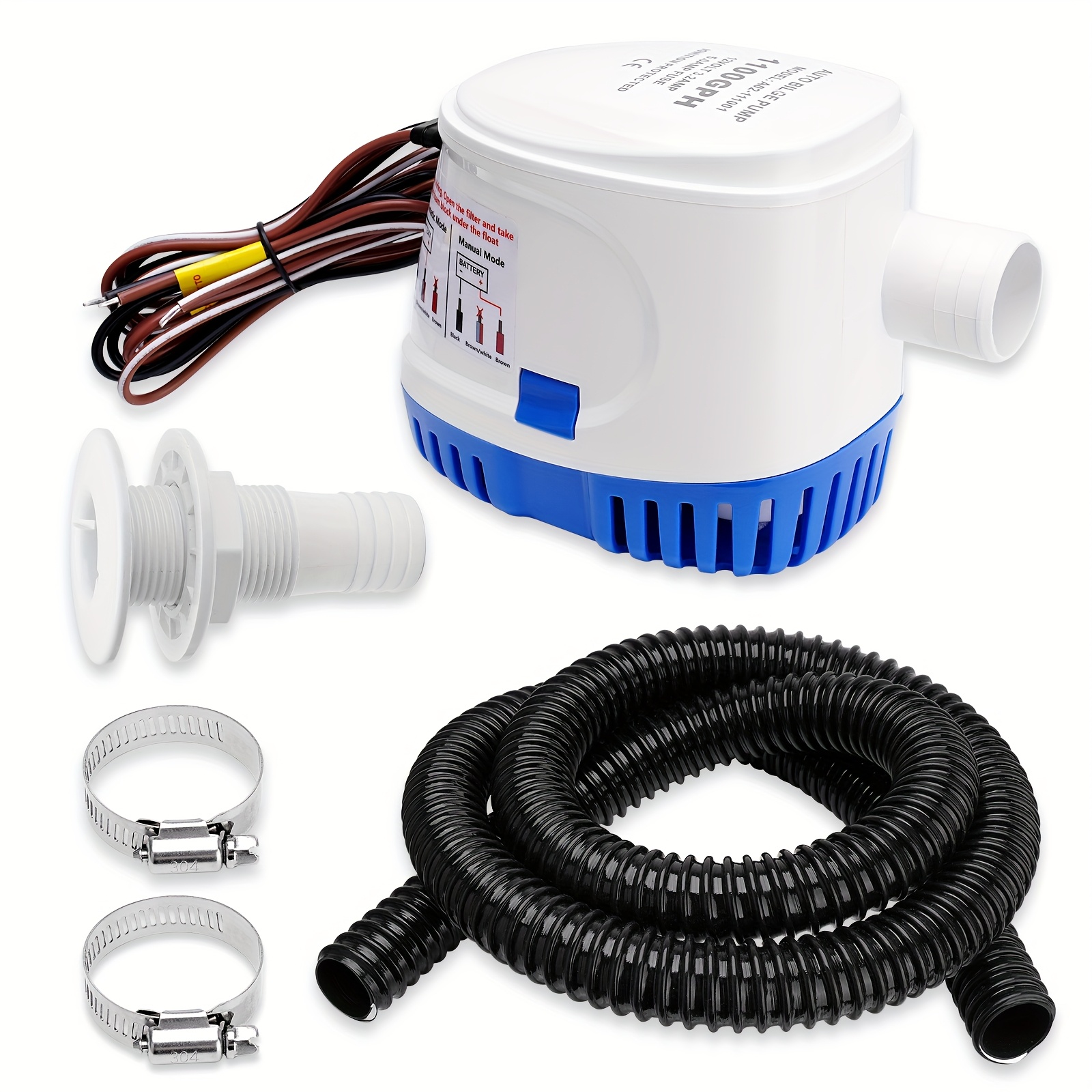 TEMU 1100 Gph Automatic Boat Bilge Water Pump 12v, 1-1/8 Inch Dia Bilge Pump Plumbing Kit With 6ft Hose, 2 Clamps, Thru-hull Fitting, Ideal For