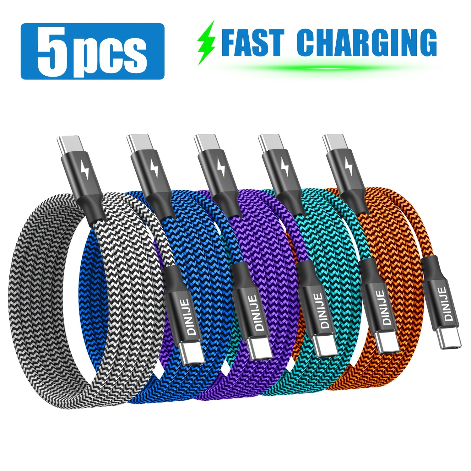 TEMU 5pcs Type C To Type C Charge Cables, Nylon Woven Usb C Transmission Data Cable, Type C Fast Charging Cable, For Ipad For Dell Xps For Iphone