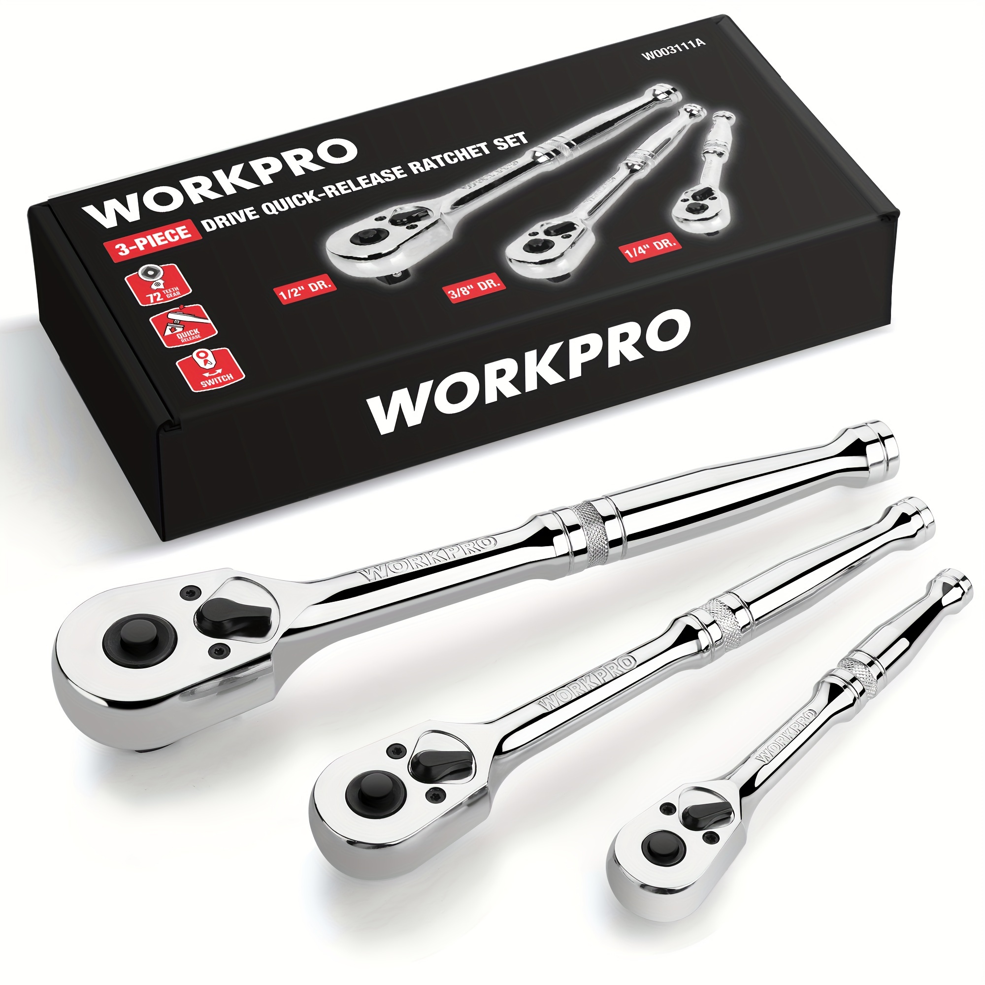 

Workpro 3-piece Ratchet Set, Quick Release Reversible, 72-tooth, 1/4", 3/8", 1/2" Drive Ratchet Wrench, 5 Degree Swing, Alloy Made, Full Polished, Eva Storage