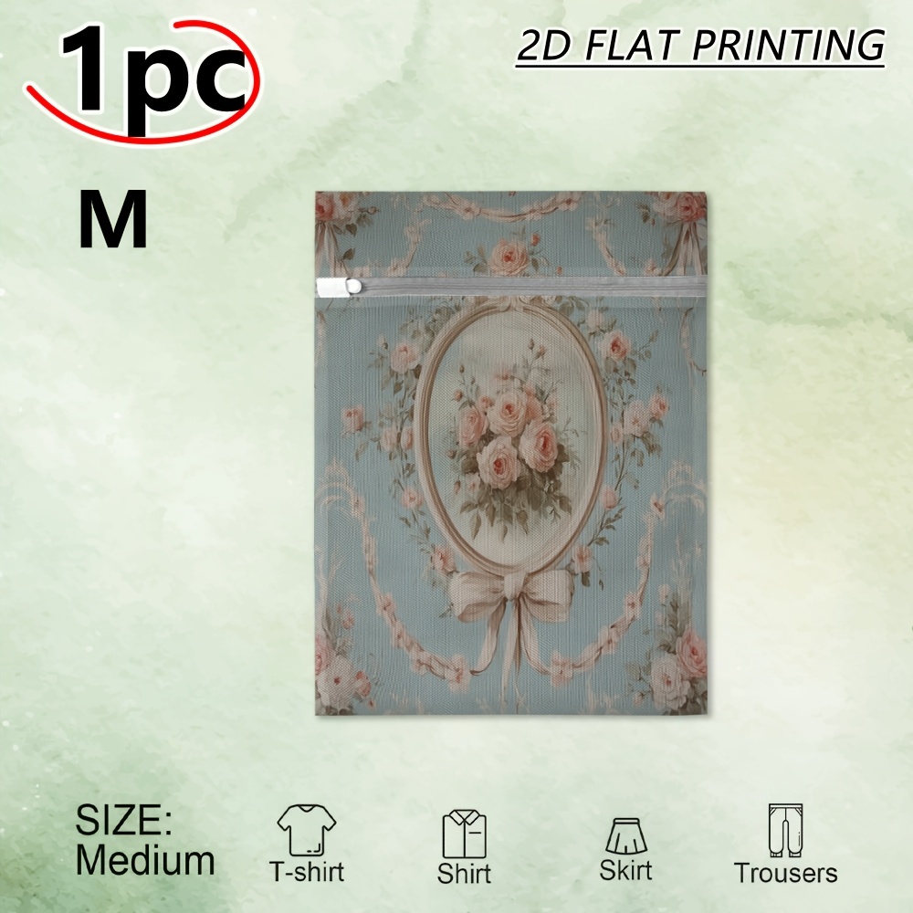 TEMU 1pc Blue Floral Mesh Laundry Bag, Suitable For French Provincial , Garden Guest Cabin, Formal Dressing Area, Ornate Oval Print , Laundry Bags