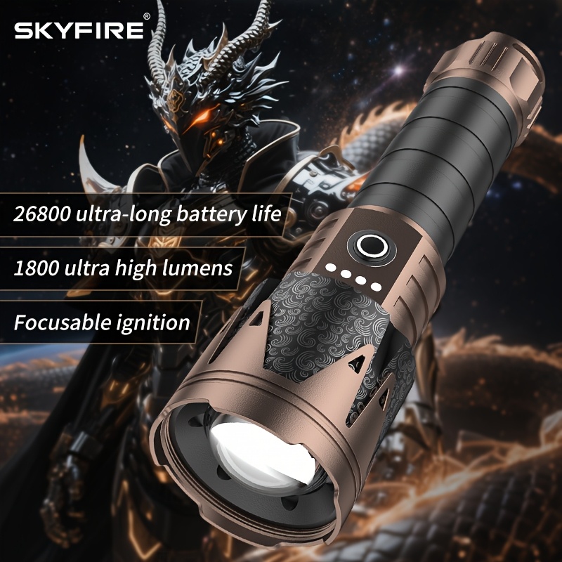TEMU Skyfire High-lumen Led Flashlight With Ignition Lens, Tactical Flashlight, Zoom, 5, Essential For Long-life Camping, Outdoor, Farm Patrol And Emergency