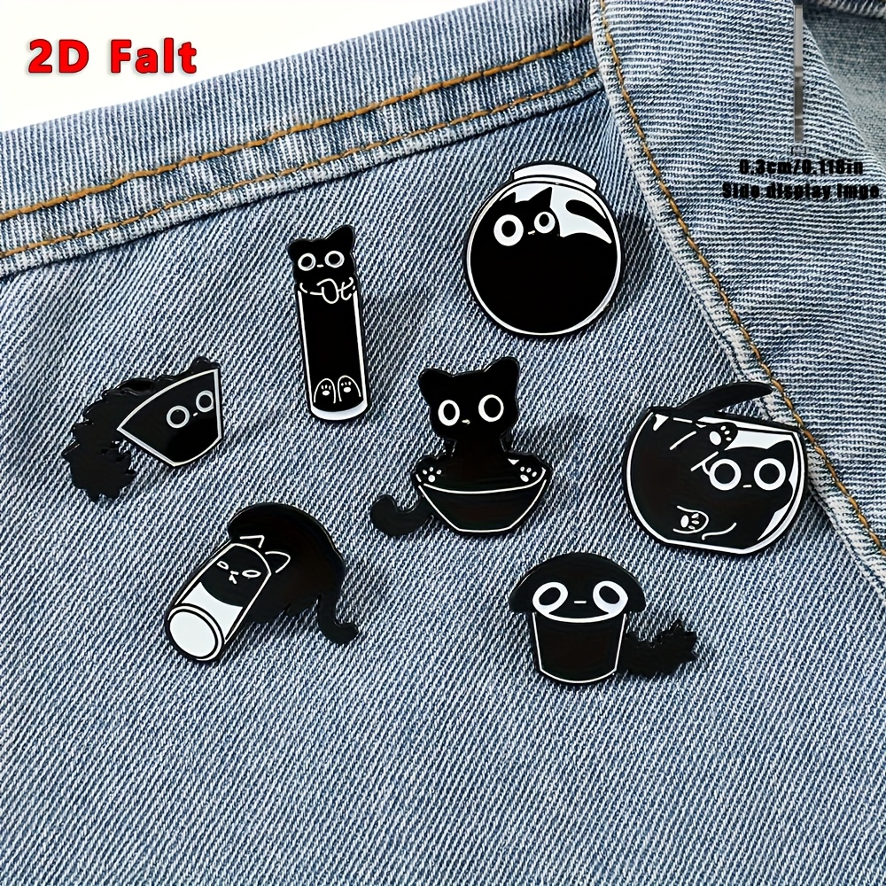 TEMU 2d Flat - [2d Flat] 7pcs Cute Cartoon Liquid Cat Brooches, Little Black Cat In Water Cup, Adorable Kitten Acrylic Badges, Ideal Gift