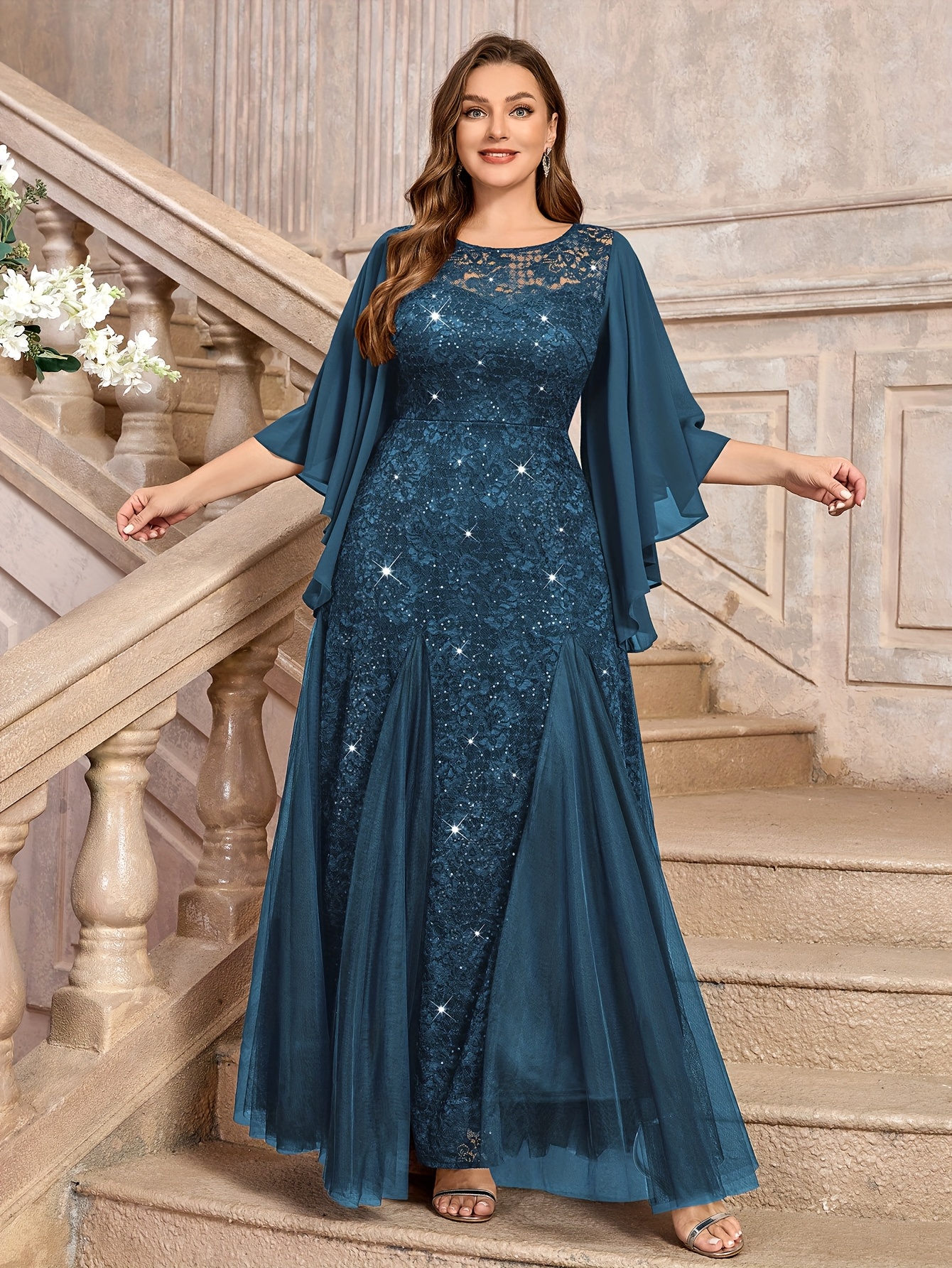 knee length dresses for ladies Deep V-Neck Chiffon Cap Sleeve Evening Dress main image 0