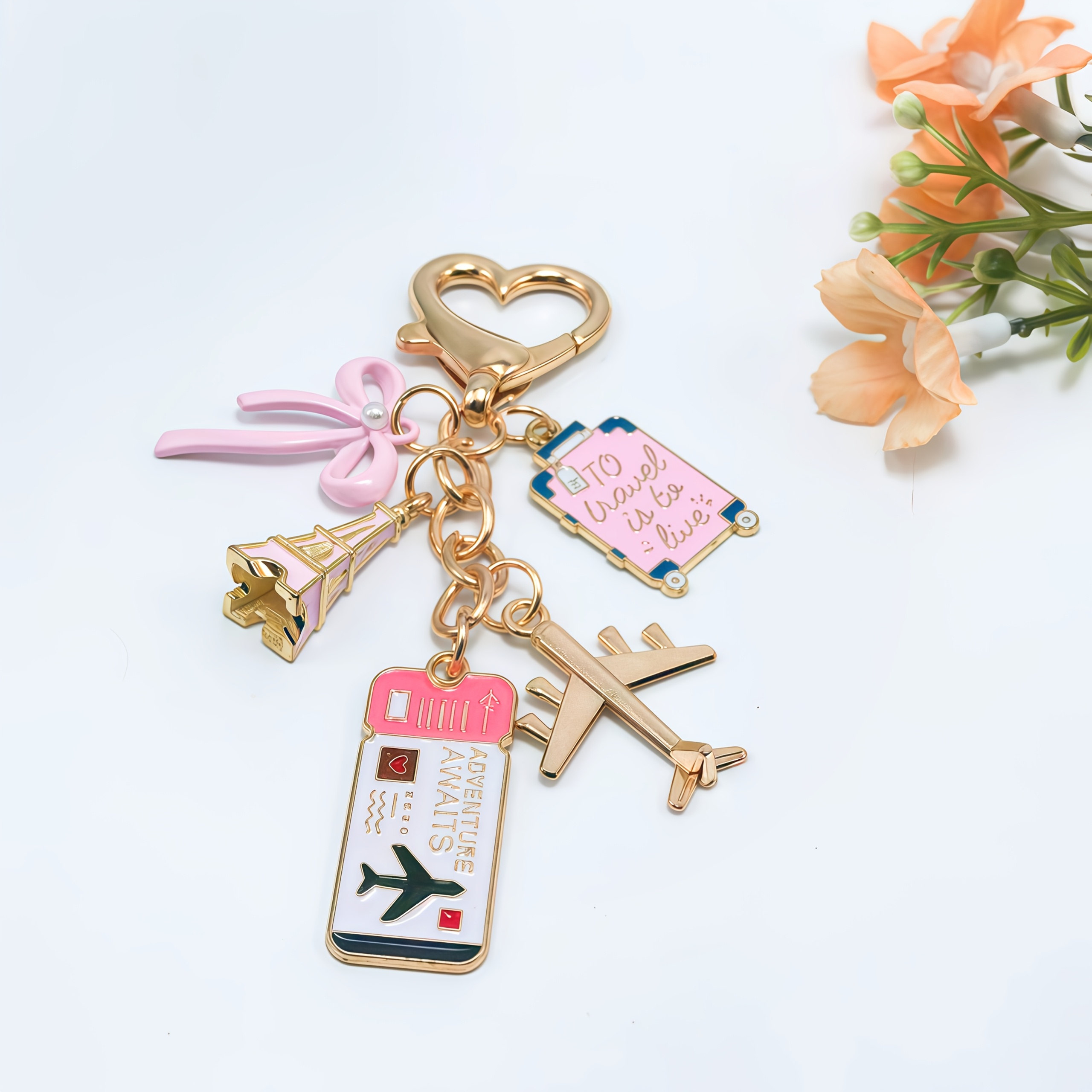 TEMU Porte-clés avec boucle de cœur, passeport d'avion, nœud rose, pendentif porte-clés en alliage d'avion, tour mignonne, décoration de sac