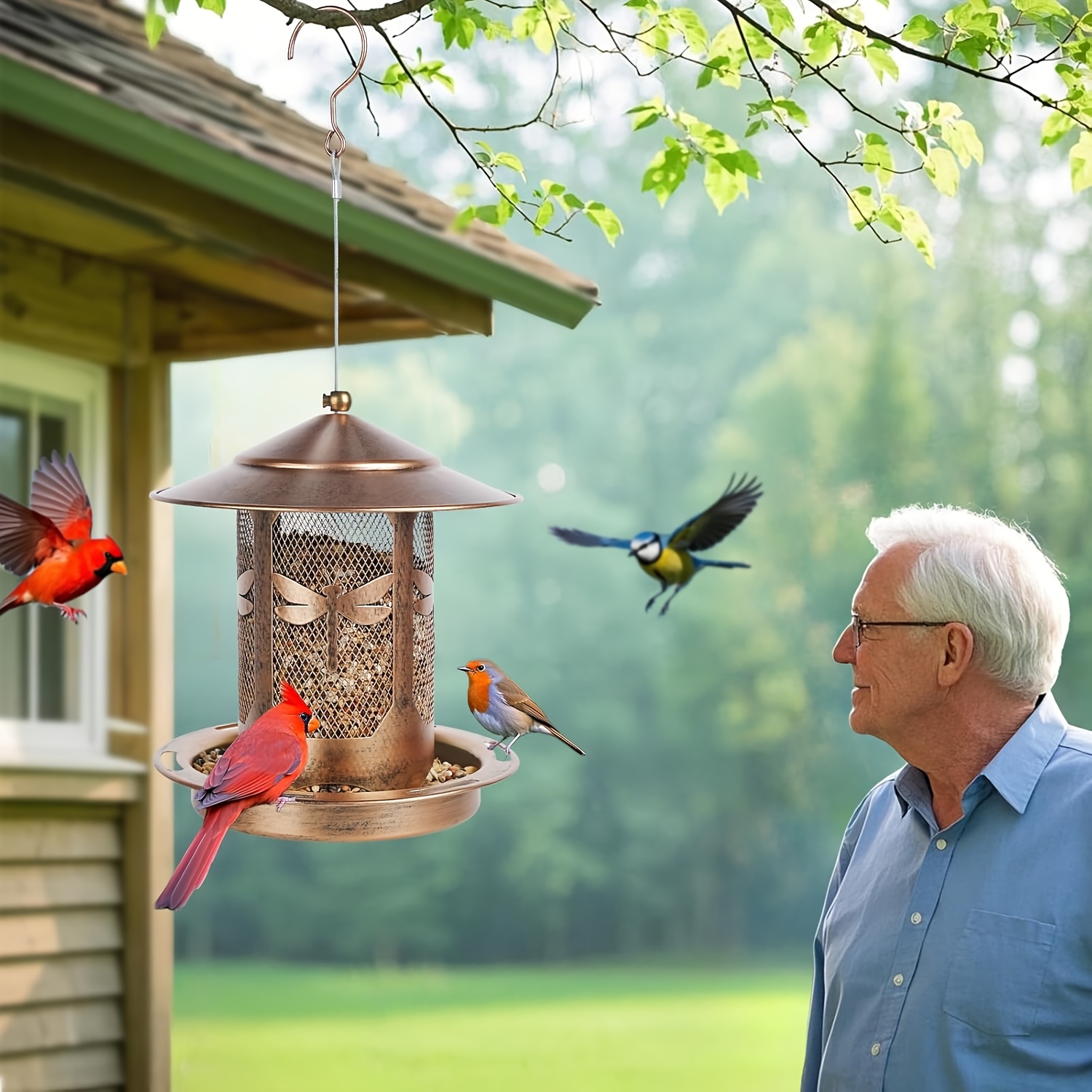 TEMU Mangeoire à oiseaux suspendue avec nœud doré, mangeoire à en métal, pour des oiseaux, les mères et les grand-mères, décoration de jardin