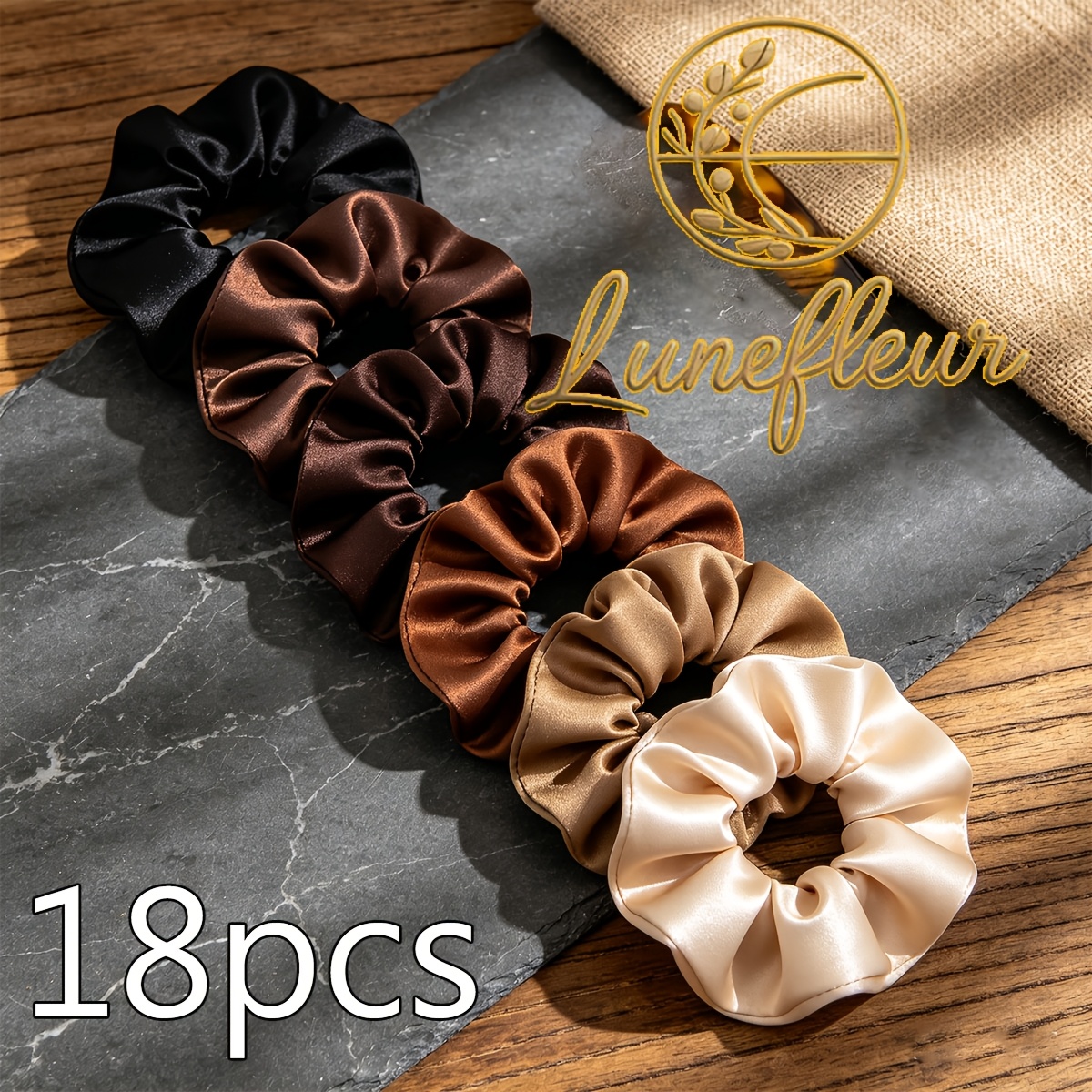 TEMU 18pcs Lunefleur Satin Hair Scrunchies Suitable For Women & - Hair Ties With Neutral Tones (black, Brown, Beige, Khaki), Solid Color Ponytail