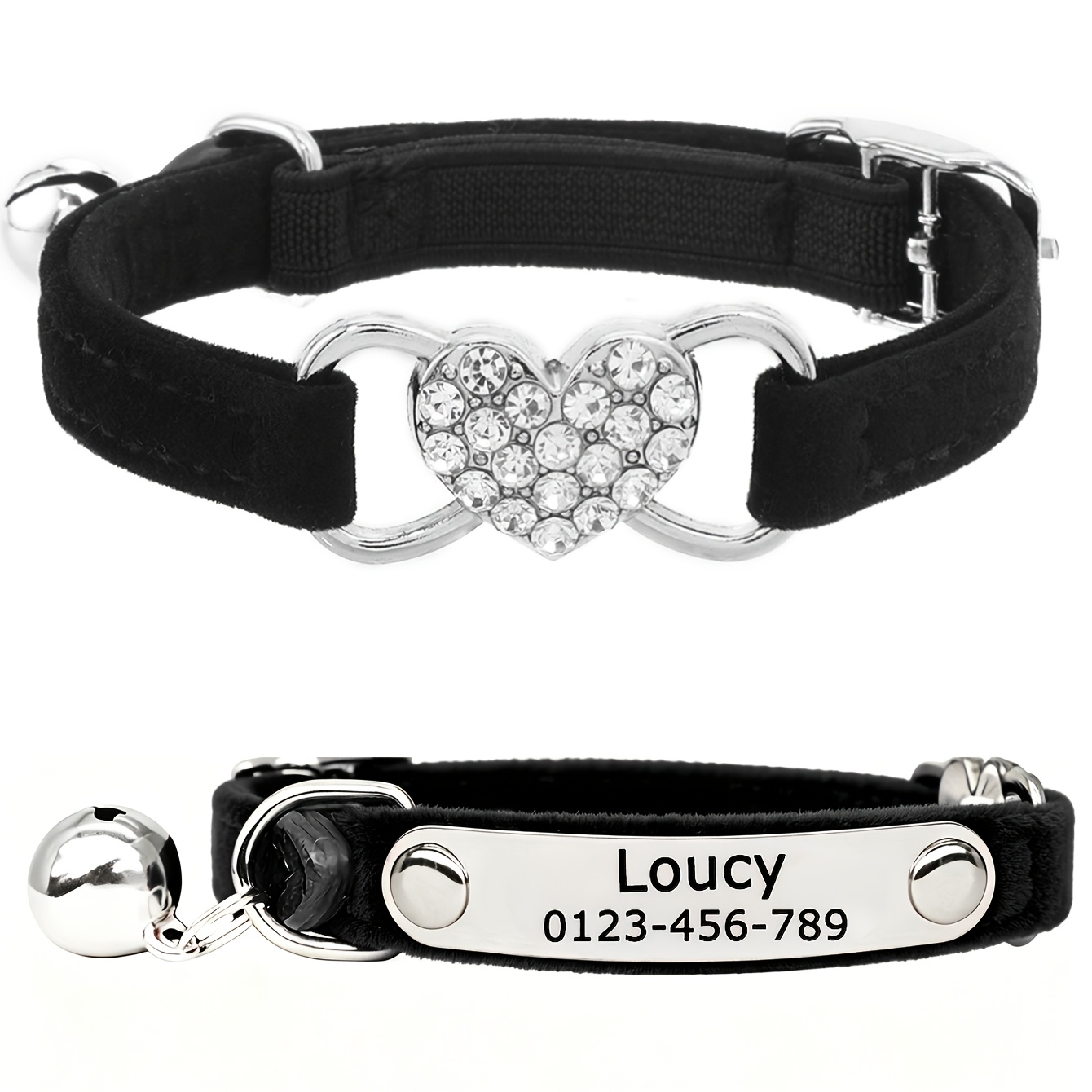 TEMU [Collier pour chat personnalisable] Collier pour chat personnalisé et ajustable avec motif de cœur en diamant - Collier de sécurité à détacher