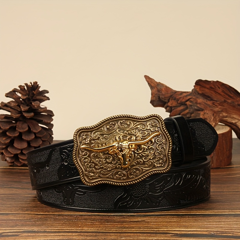 Men's Western Cowboy Belt with Long Horn Buckle