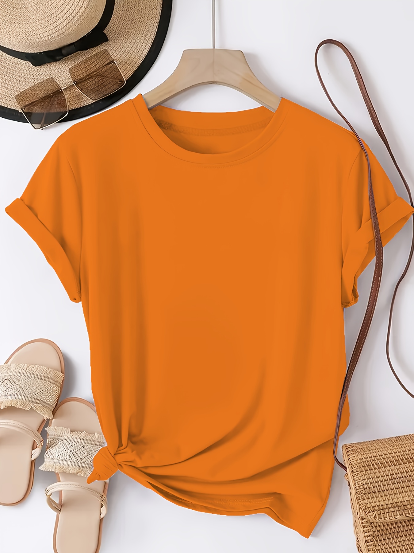 Solid Color Crew Neck T-Shirt, Casual Short Sleeve T-Shirt for Spring & Summer, Women's Clothing