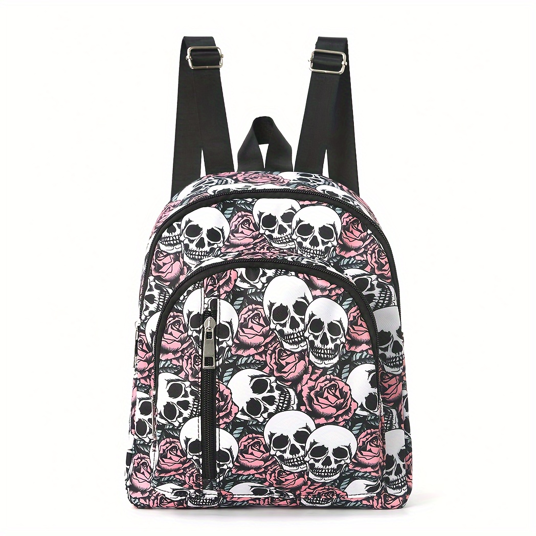 

1pc Fashion Skull & Flower Pattern Backpack, Gothic Style Daypack, Women's Casual Travel Schoolbag