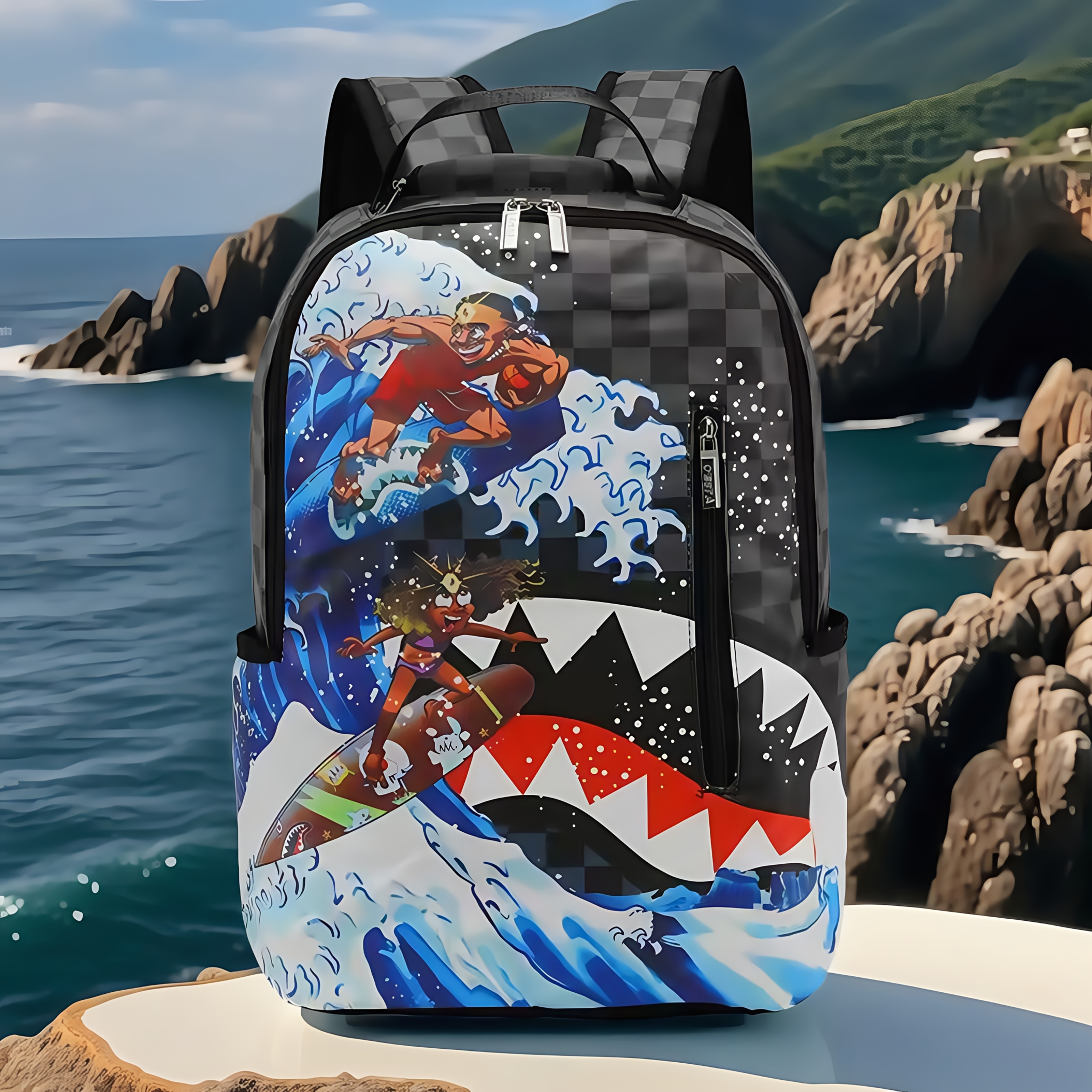 

Men' Casual Backpack, Multifunctional Lightweight Leather With Adjustable Straps, Polyester Lining, Zipper Closure, Cartoon Print, Ideal For Sports & , Wet , Perfect Christmas Gift