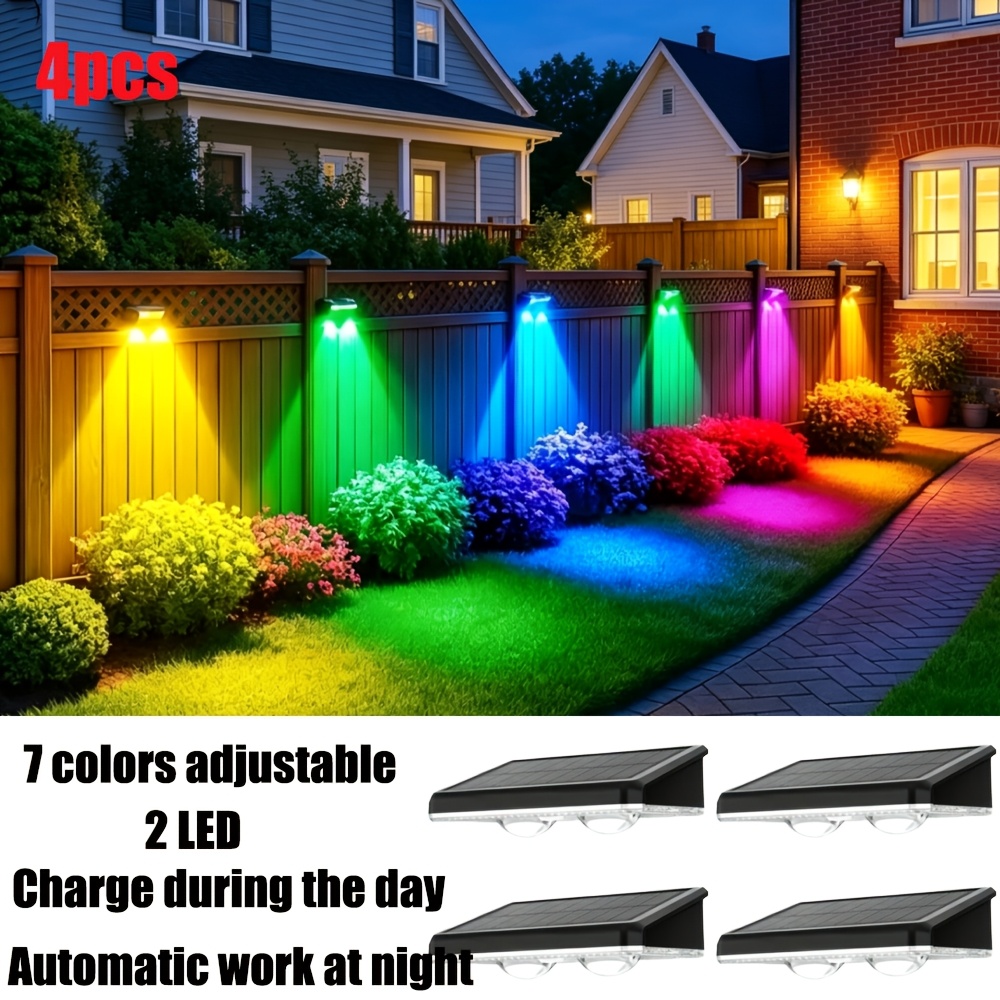 TEMU [new]4pcs Solar Fence Light, 7-color Adjustable Led Wall Light, Outdoor Ip44, Solar Wall Light