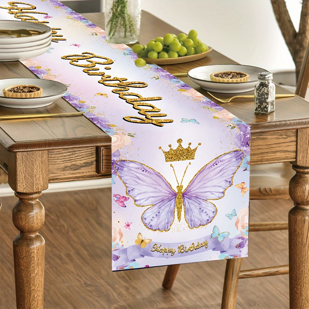 

1pc, Butterfly Birthday Table Runner Colorful Table Cloth Happy Birthday Party Decorations For Adults Family Garden Birthday Party Supplies