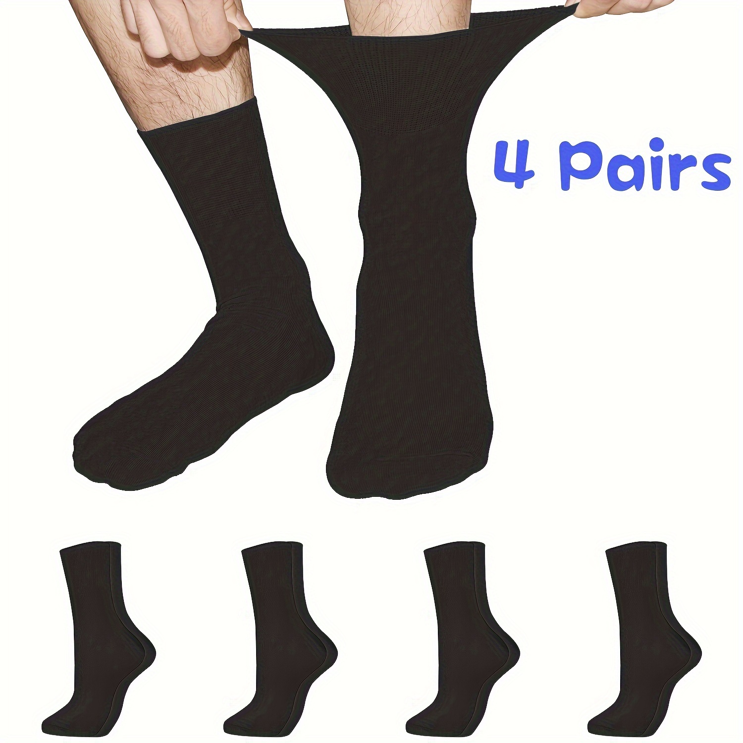

4 Pairs Of Men's Soldi Color Mid-calf Diabetic Socks, Comfy Non-binding Cotton Socks For All Season, Creative Trendy Gift