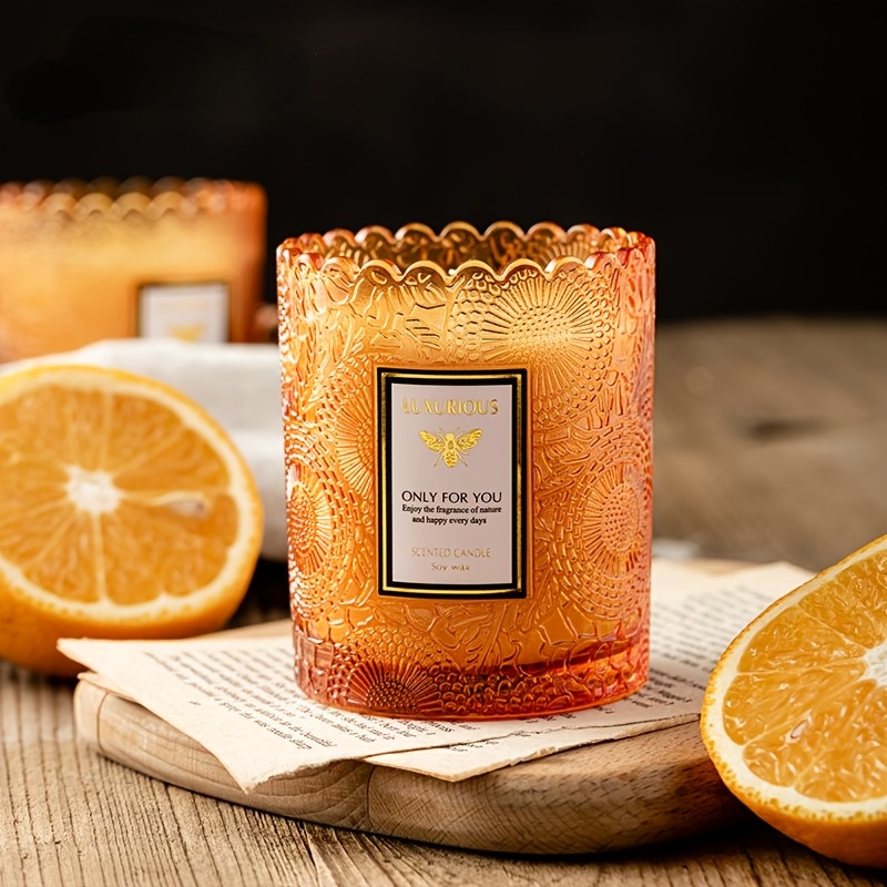 Image of 1pc 7oz Soy Wax Scented Candle Romantic Atmosphere Creative Ornament Lace Edge Relief Glass , Suitable For Home Decoration, Yoga, Meditation, Dating, Christmas, Holiday Gift