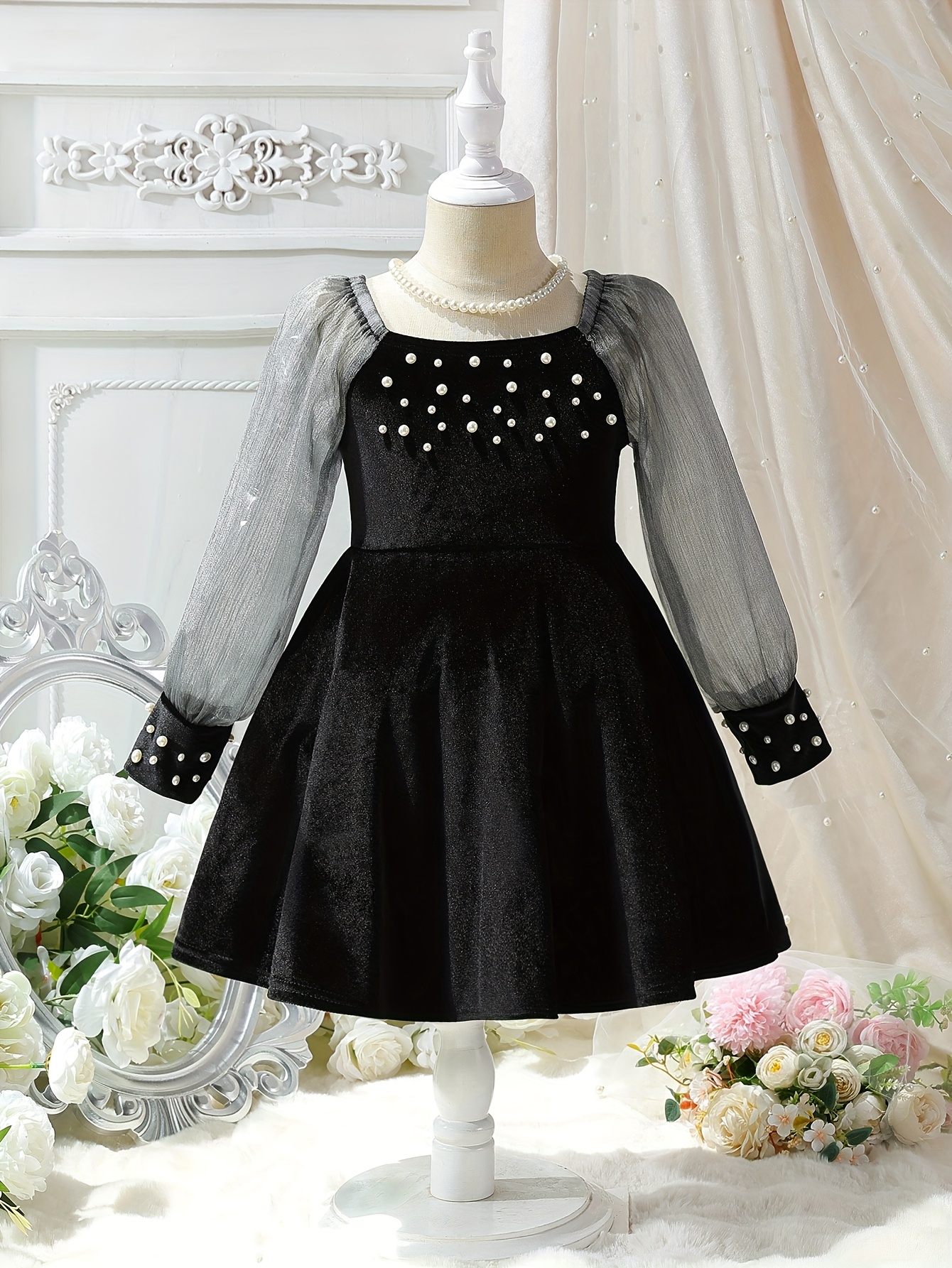 black mini dress with ruffle bottom Gothic Black Velvet Long Sleeve Flower Girl Dress with Pearl Embellishments for Special Occasion