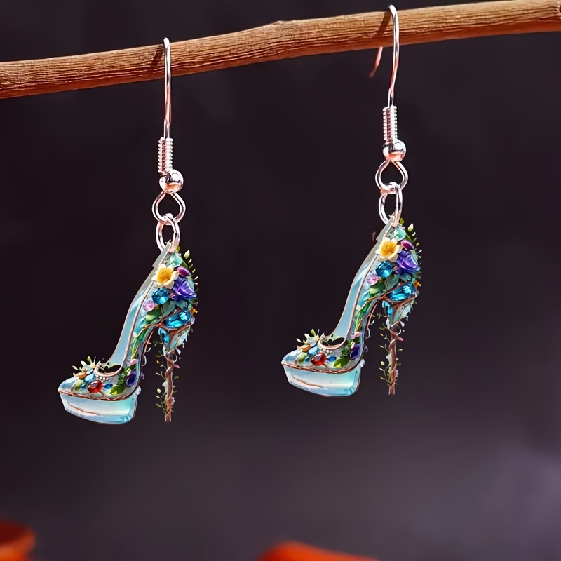 

Crystal Shoe Earrings Set - 3d Acrylic With Fresh Flower & Gemstone Accents, Ideal For Parties & Gifts