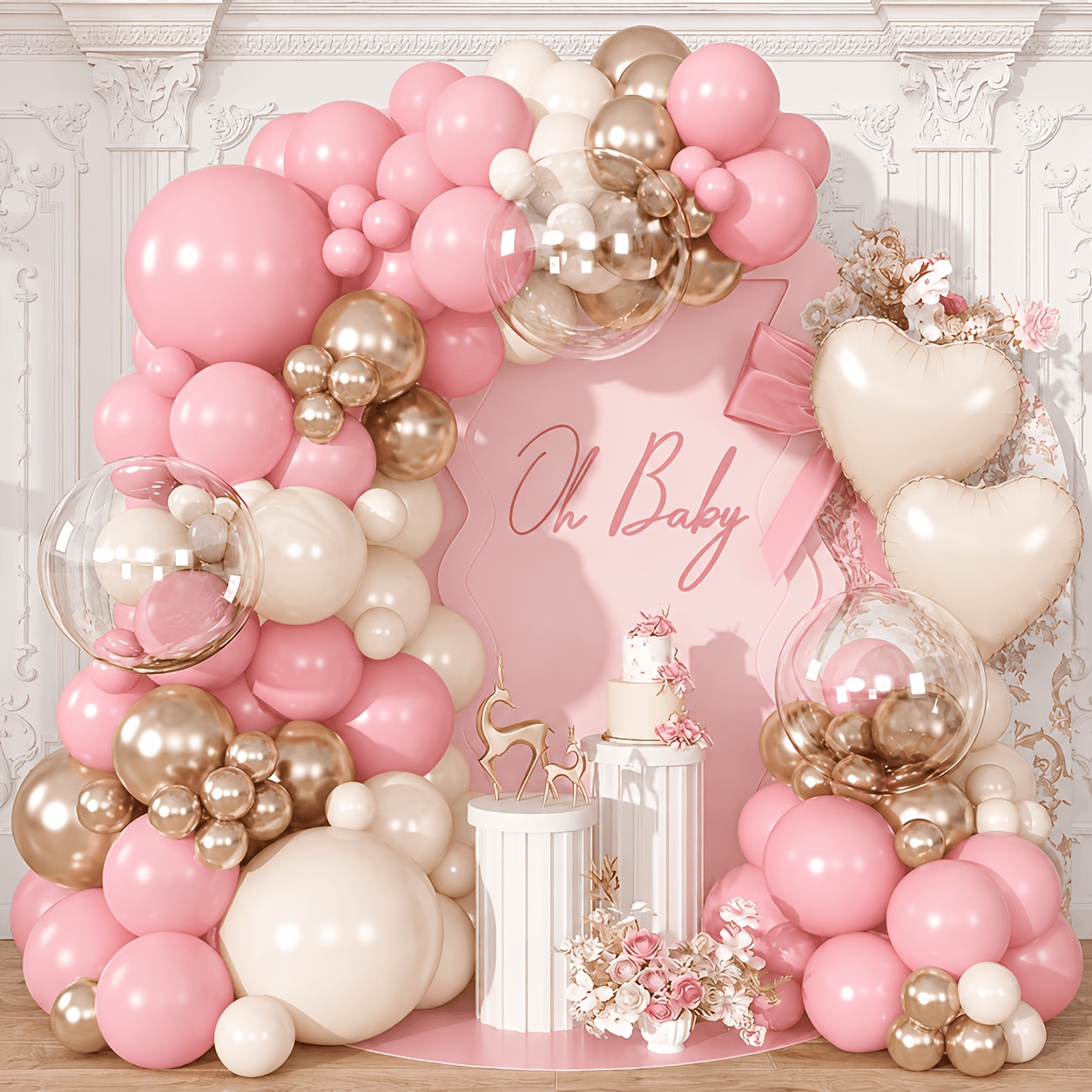 TEMU Kit de Guirnalda de Globos Rosa Macaron de 102 piezas con Globos de Papel de Aluminio con Forma de en Color Crema, Globos Bobo Transparentes,