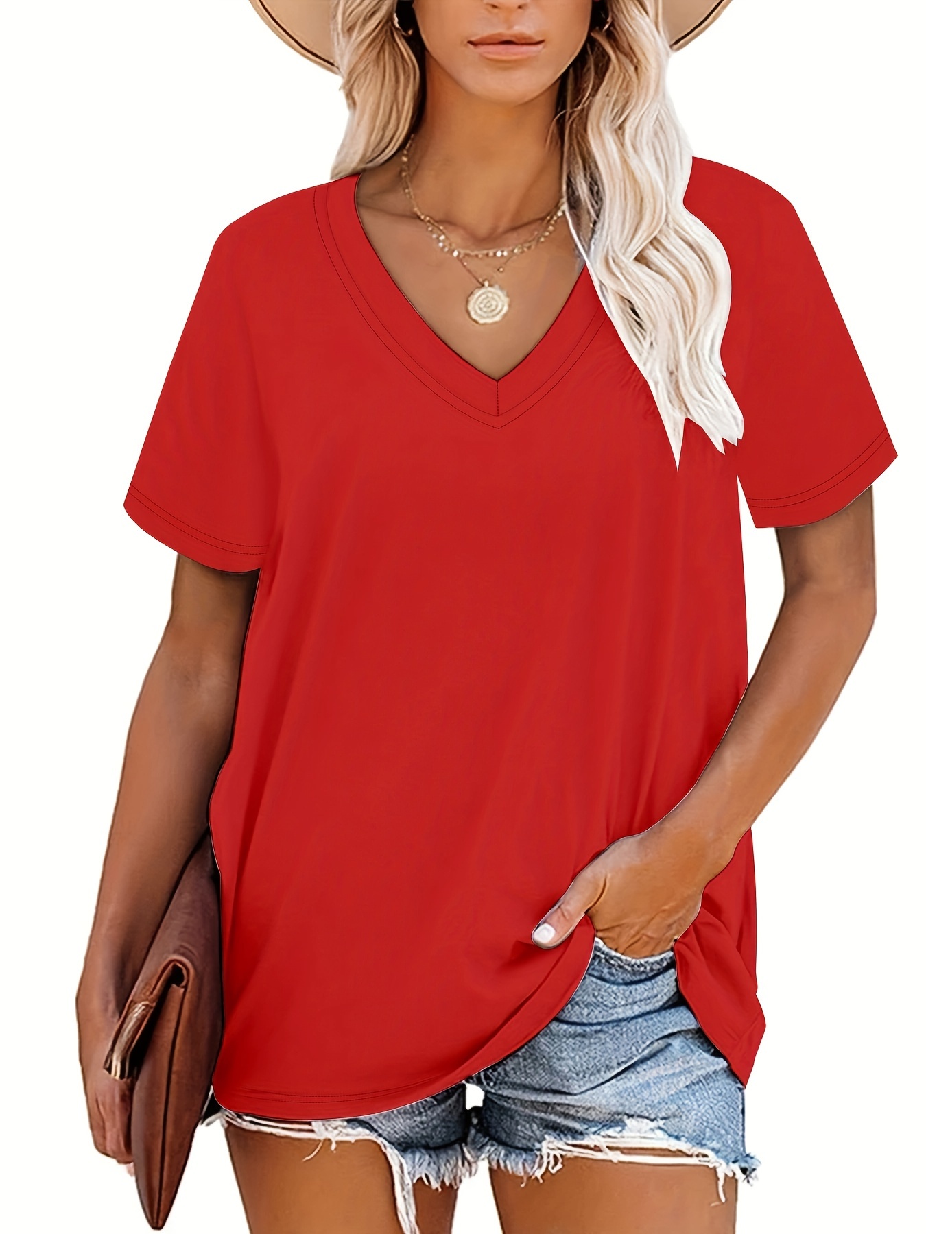 Plus Size, Plus Size Women's V-Neck Short Sleeve T-Shirt - Elegant Casual Chic White Top, Soft Breathable Fabric, Machine Washable, All-Season Versatile Wardrobe Staple, Everyday Comfort, Vneck Tee, Relaxed Fit Shirt