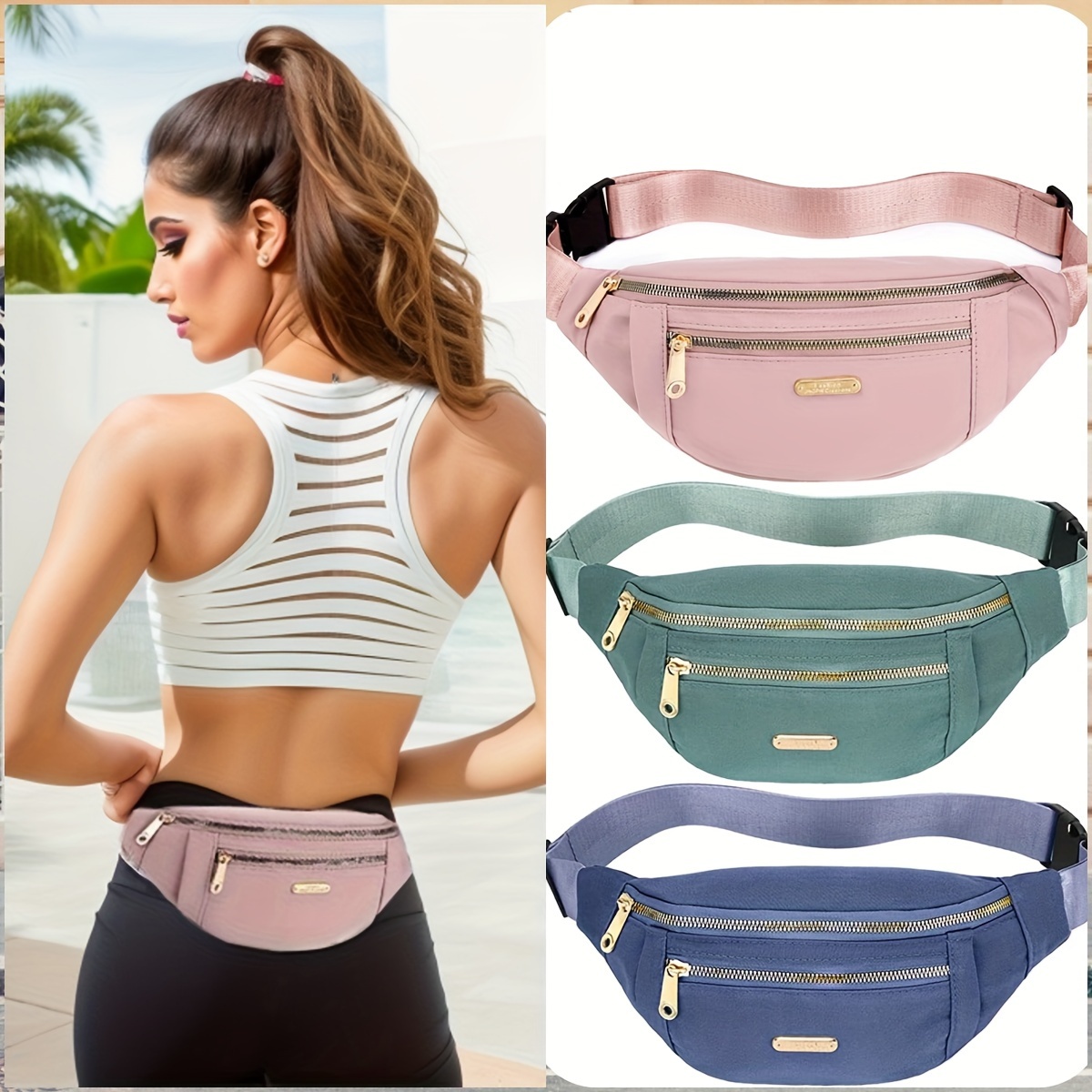 TEMU 3pcs Women's Lightweight Nylon Belt Bags - Adjustable Strap, Zipper Closure, Large Capacity Waist Packs For Running, Hiking & Travel - Pink/green/blue, Hiking Accessories
