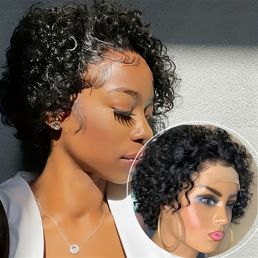 TEMU Perruque de cheveux humains brésiliens pour des mères - Coupe ondulée bouclée de 13X1 pouce, perruque courte à dentelle frontale de 150% de ,