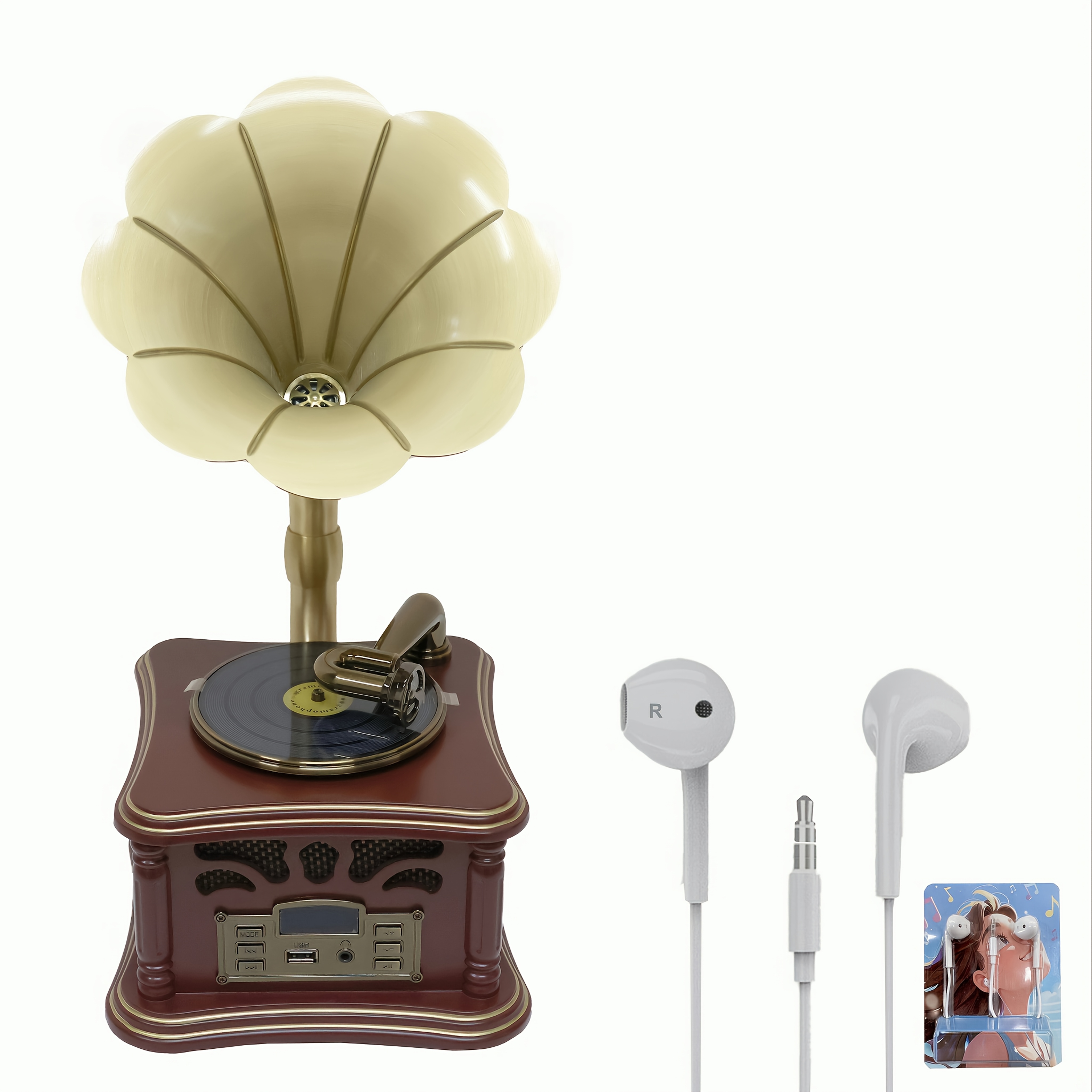Image of Mini Wooden , 1pc Headphones Earbuds Wired 3.5mm, Gramophone Shape, Earphone Jack, Wireless Connection, Stereo Speakers, Vintage Speakers, Aux In, Usb, Vintage, Dark Brown