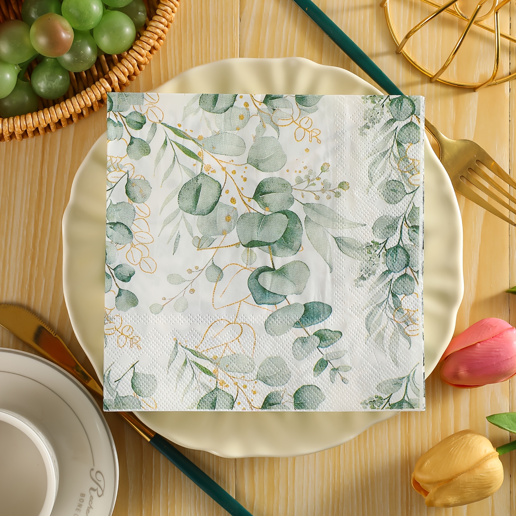 TEMU 10pcs/20pcs 2026 New Style Eucalyptus Leaf Napkins, 13x13 Inches - Wedding Birthday Garden Party Decorative Tissues For Restaurant, Kitchen,
