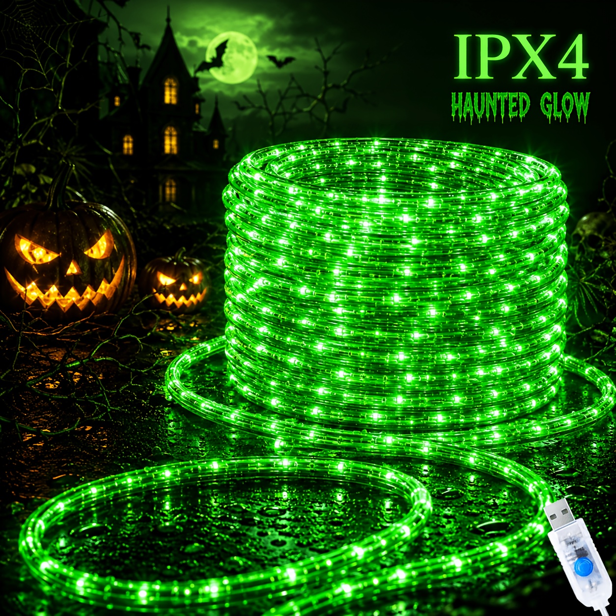 TEMU Halloween Usb Rope Lights For Outdoor Garden Yard Fence Trees Rv Patio Spooky Decor, 8 Lighting Green Lights Fairy String Lights, 50/100/150/200