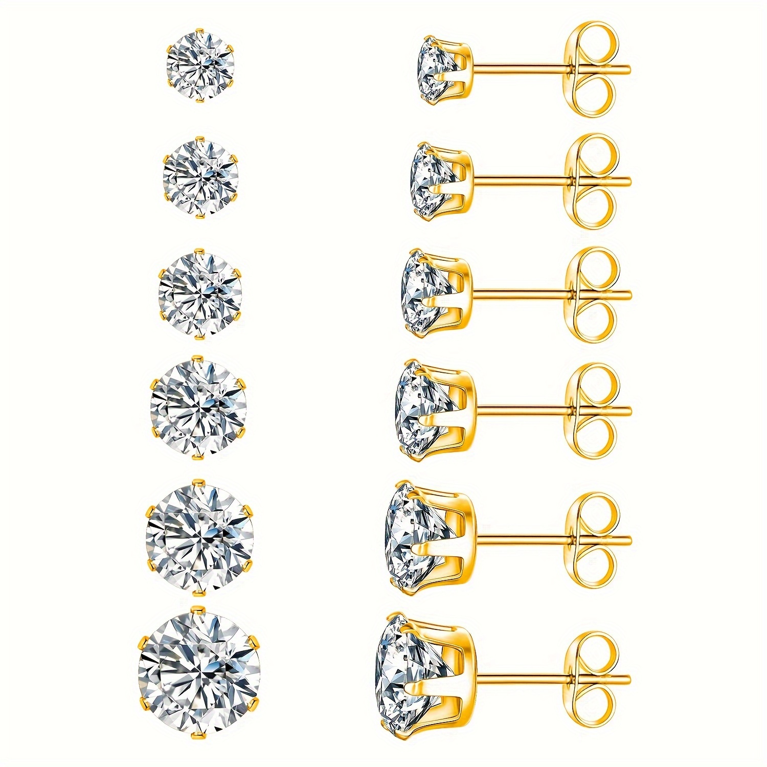 

6- Round Clear Cubic Zirconia Stud Earring Pack Of 6 Pairs 3/4/5/6/7/8mm