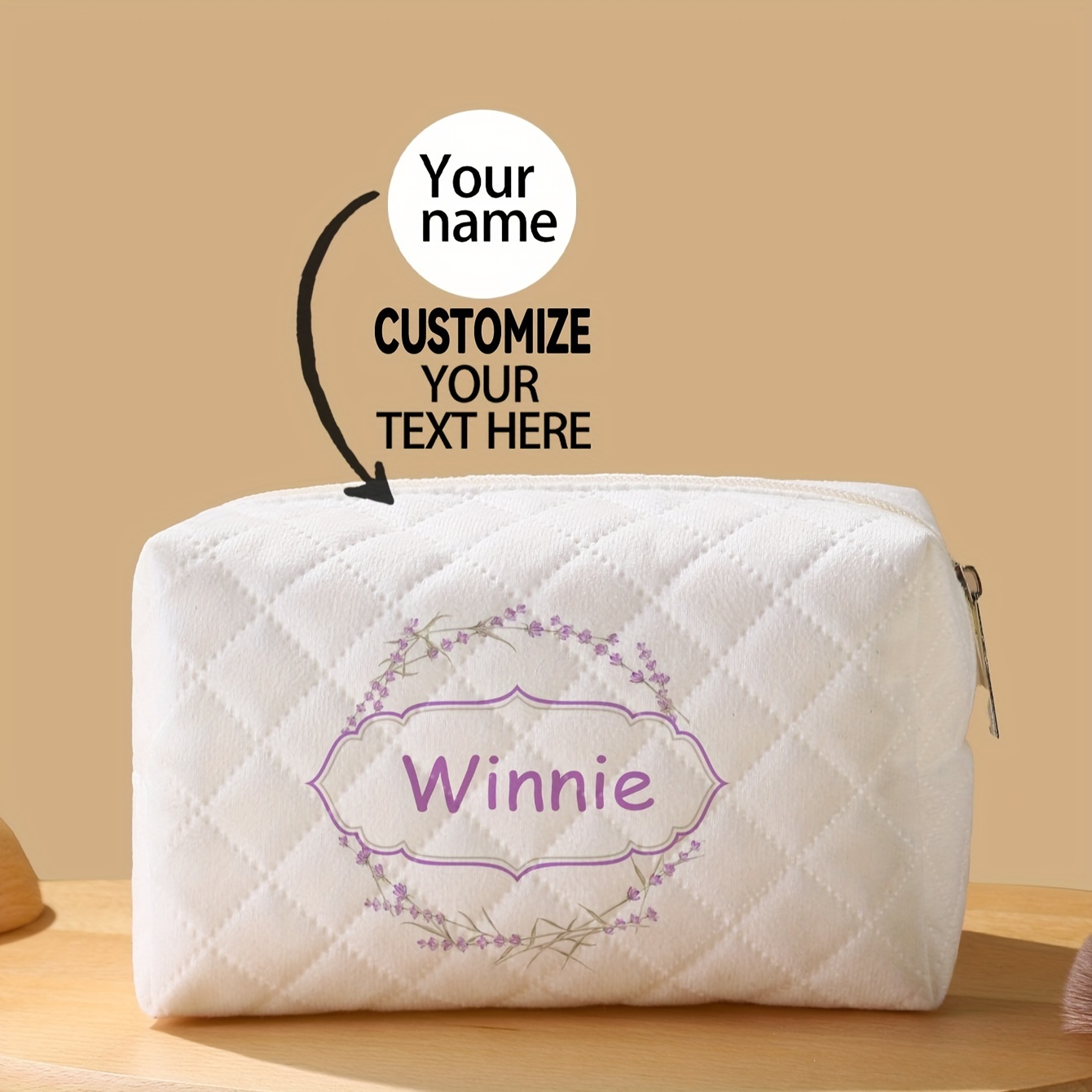 

Customizable Diamond Quilted Makeup Bag - Personalize With Name Or Holiday Message, Portable Cosmetic Organizer With Zipper, Multi-use Travel Toiletry Pouch, Polyester, Non-waterproof