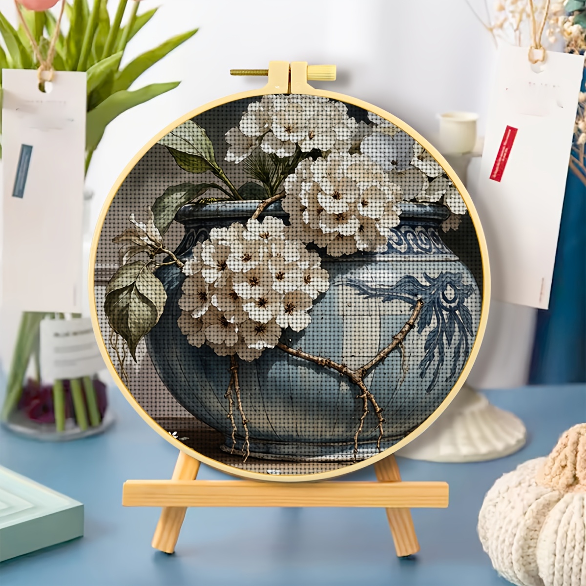 Round Cross Stitch Printed Kit with Hoop, "Blue And White Potted White Hydrangea" Pattern