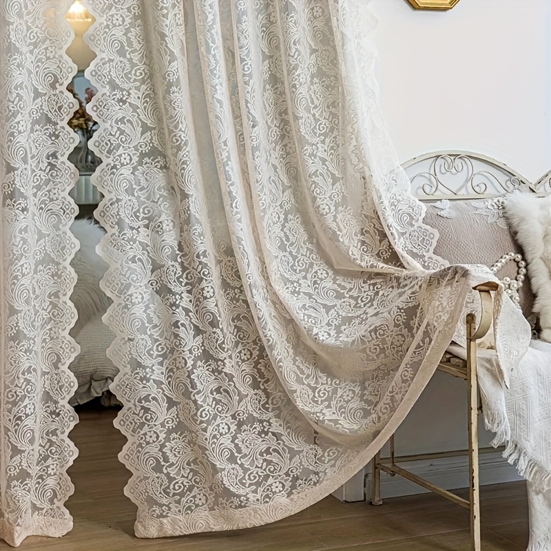 TEMU A French Vintage Elegant Lace Tulle Curtain That Installs Without Drilling, Semi-transparent For Bedroom Windows Or Living Room Partitions,