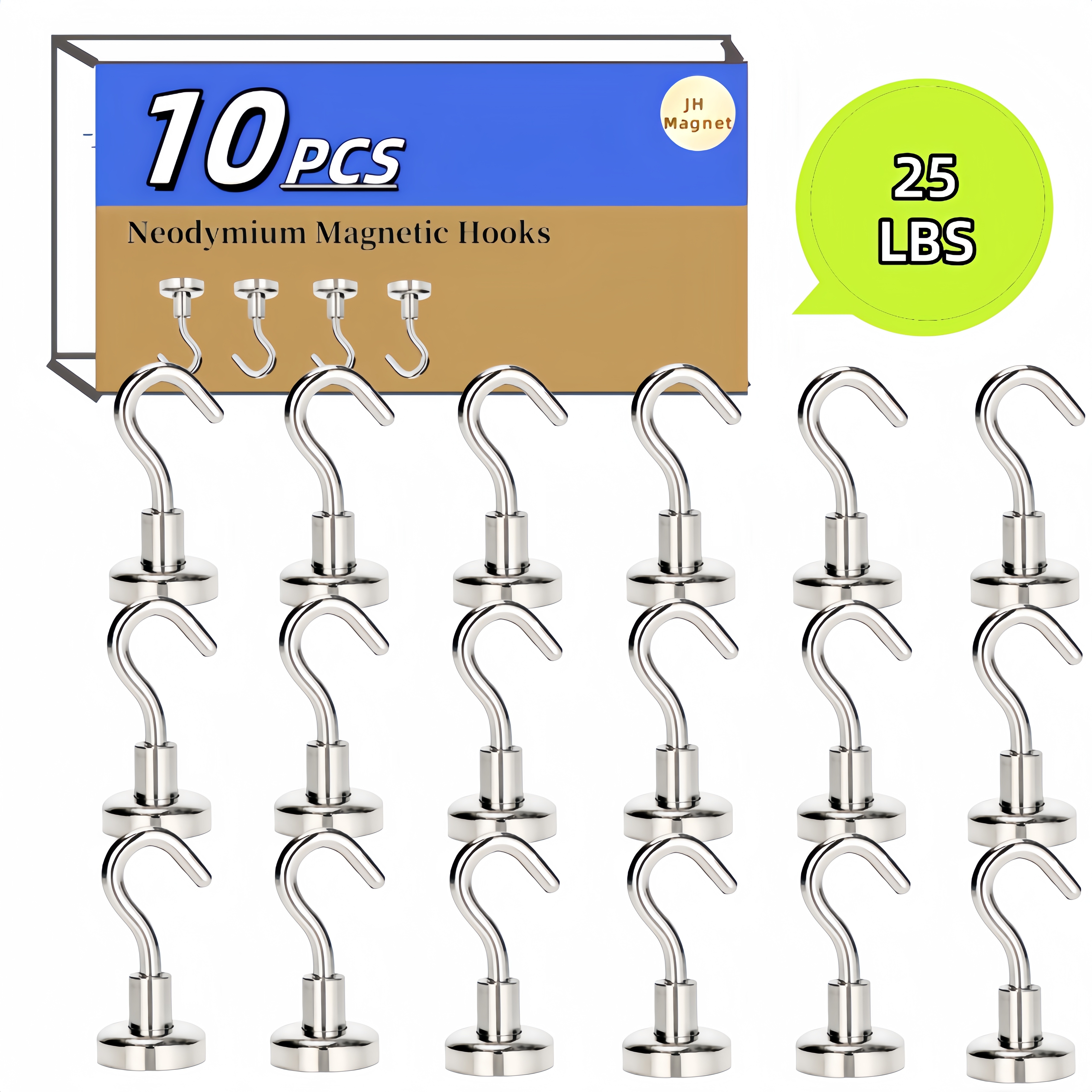 

10-pack Polished Metal Magnetic Hooks – Strong Adhesion, No-drill, Multipurpose Use For Kitchen, Refrigerator, And Various Metal Surfaces