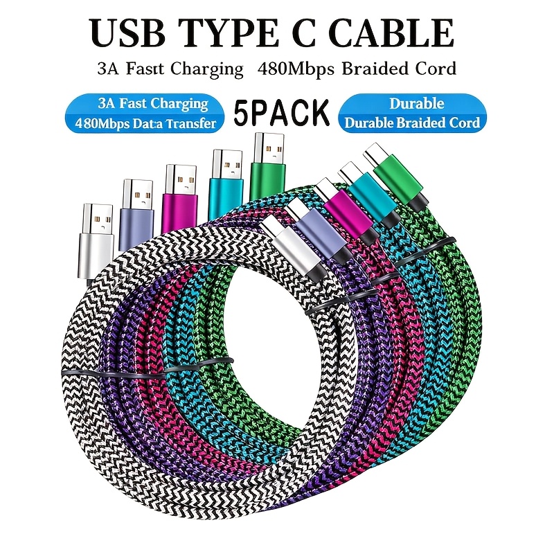 TEMU 5-pack Usb Type C Fast Charging Cables, 6.6ft Heavy Duty Nylon Braided 3a Charger Cords, Usb-a To Usb-c Durable Charging Wires Suitable For S10e