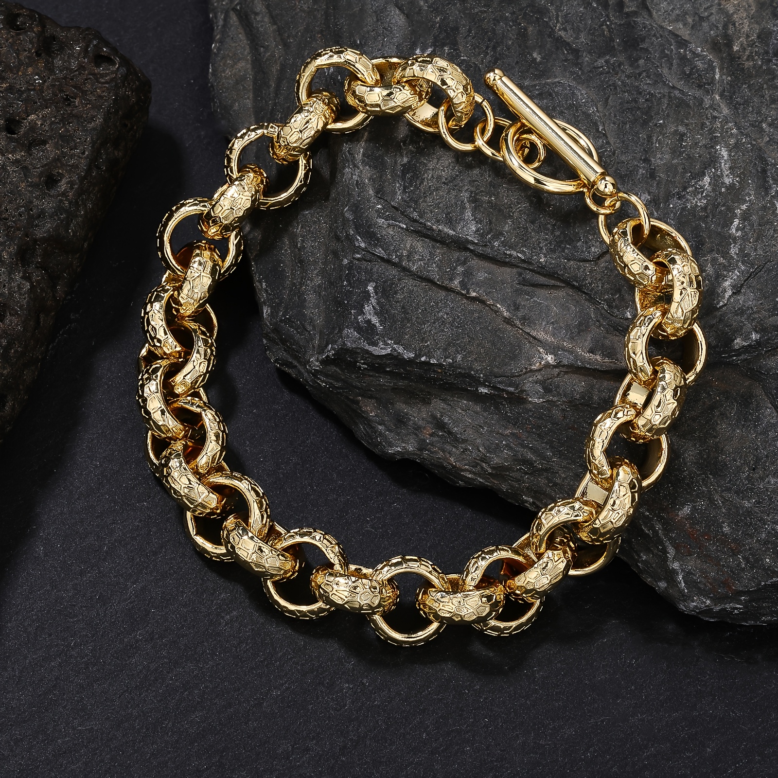 

Bracelet Mode Homme en Cuivre Plaqué Or 18K - Chaîne Épaisse Circulaire Large de 12mm avec Motif Tortue et Boucle OT [Doré]