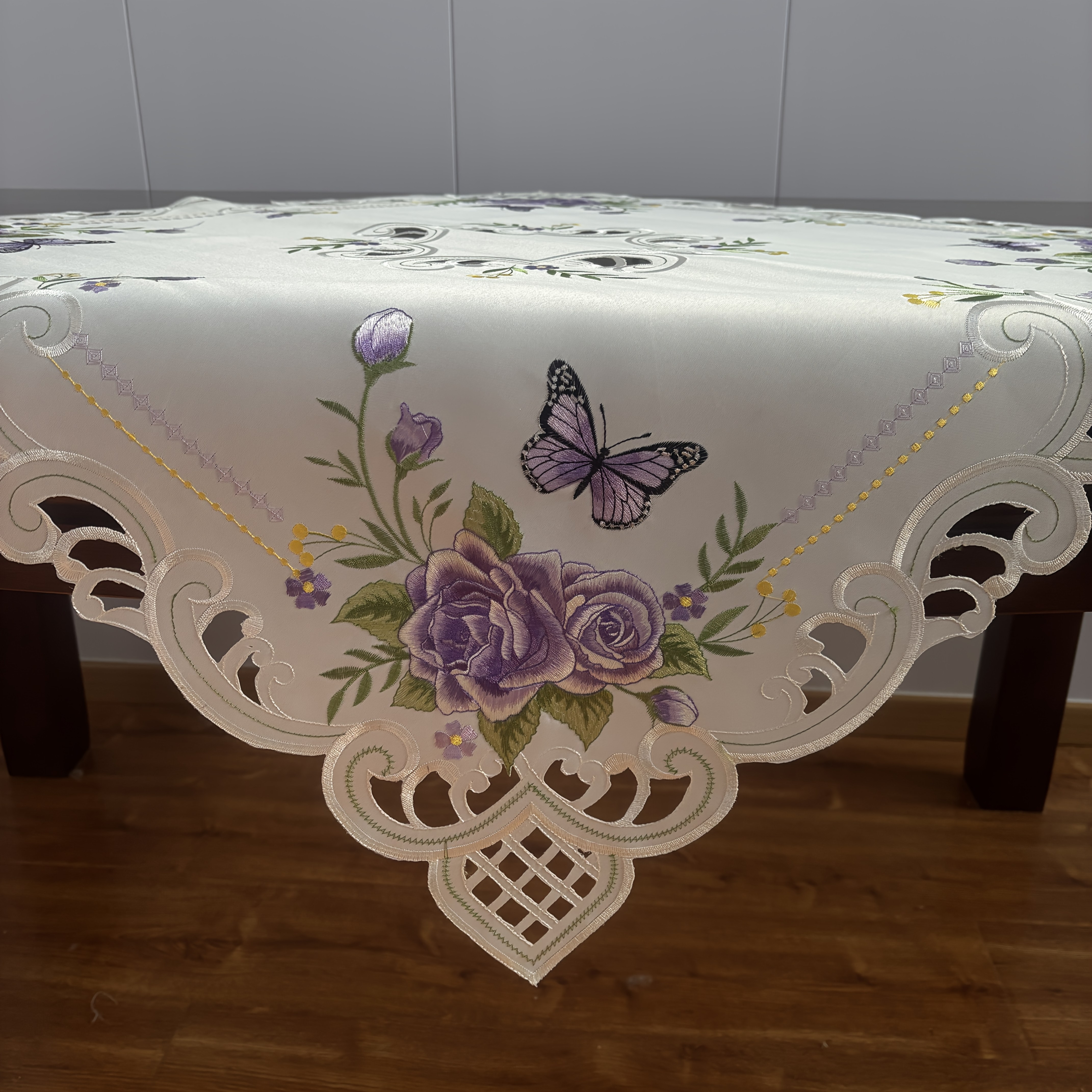 Image of Spring Tablecloth With Embroidered Lace Design, Perfect For Easter Home Decor. Pink Rose Embroidered Table Runner Suitable For Family Dinner Holiday Table Decoration (13 X 72 Inches)