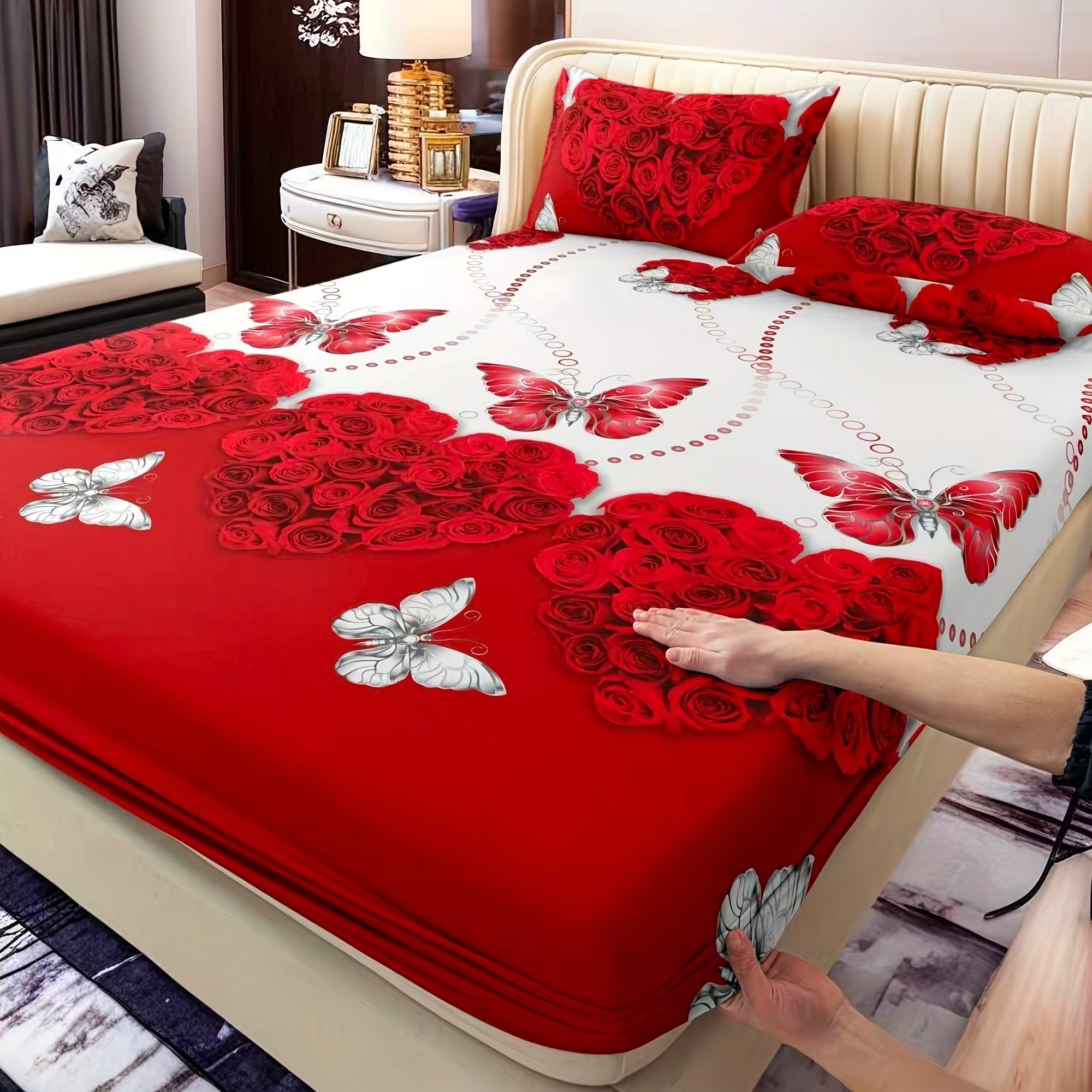 E-shop 3-teiliges Set Stilvolle Romantische Weihnachten Valentinstag Rotes Herz Rosen / 2 Kissenbezüge / 1 Spannbettlaken / Schlafzimmer Doppelbett /