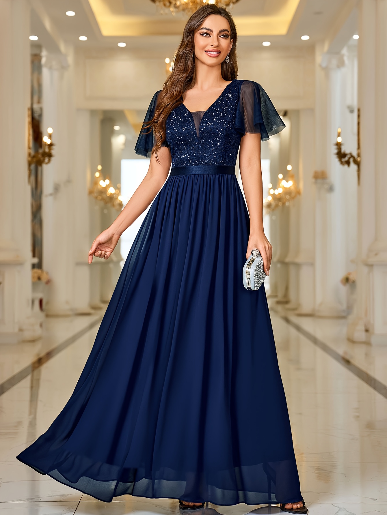 sequin chiffon bridesmaid dresses V-Neck Sequined Floor-Length Bridesmaid Dresses Chiffon With Sequins Pleated main image 0