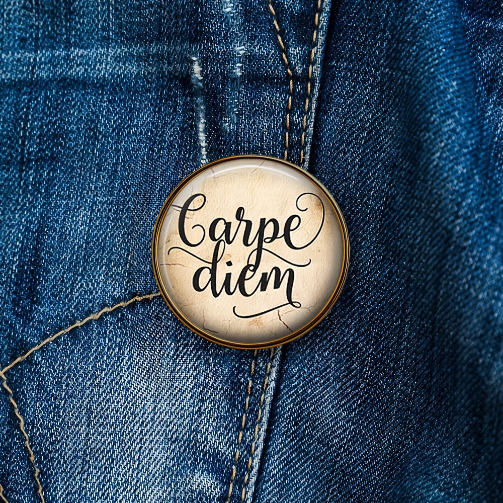 Vintage 'Carpe Diem' Round Brooch Pin, Classic Brown