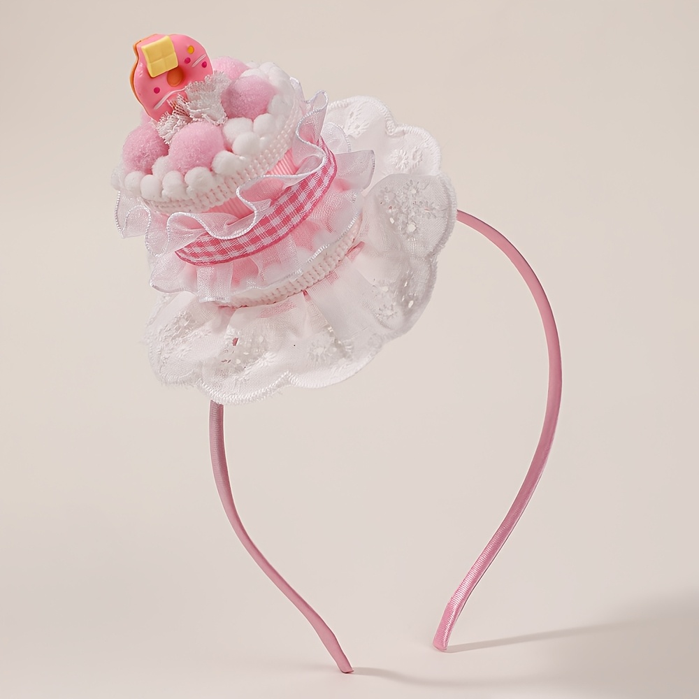 TEMU 1pc Tiered Cake Dessert Headband, Donut Ornament And Lace Ruffle Pom Pom Birthday Hair Hoop, Sweet Dessert Themed Hair Accessory For Women's