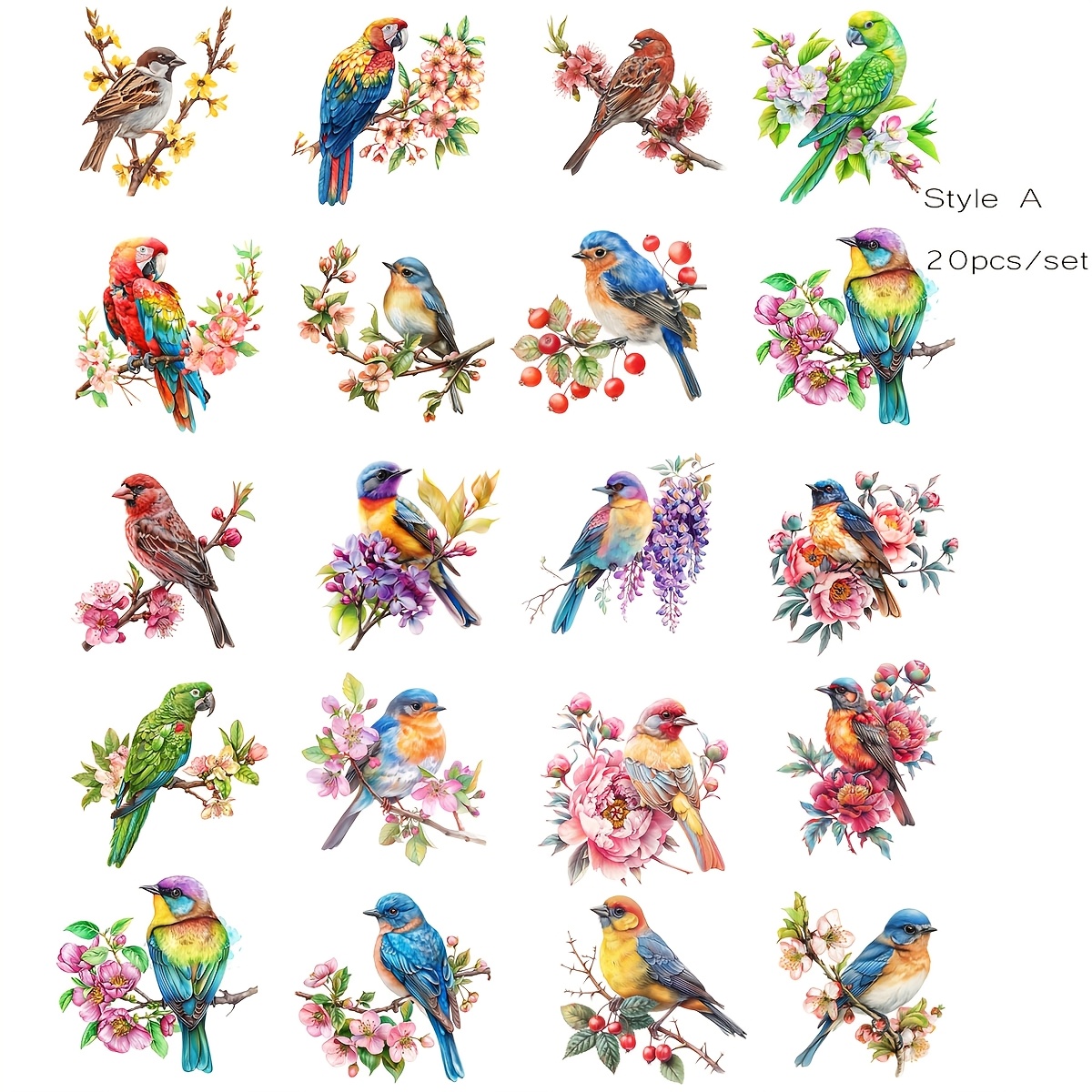 Image of 20pcs/set Handmade Creative Vintage Bird On Branch High Quality Stickers For Diary, Notebook, , Creative Parrot And American Robin High Quality Stickers, Diy Journal Stickers, Magazine Decoration